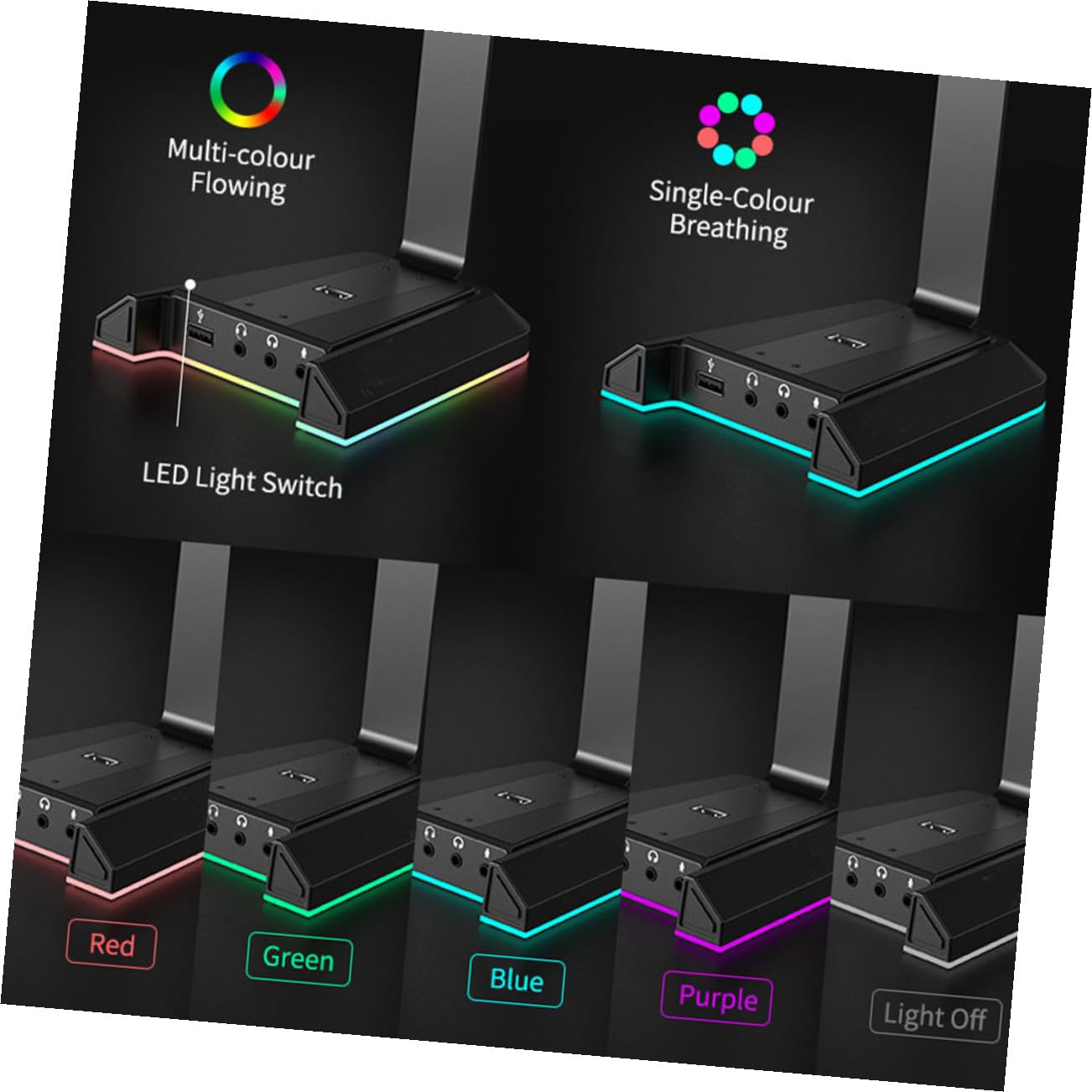 Amosfun Supporto Cuffie Gaming da Tavolo in Abs Nero Luce Rgb | Computer Desktop e Chiavetta Usb, Struttura Verticale Portatile, Accessorio per Gamer