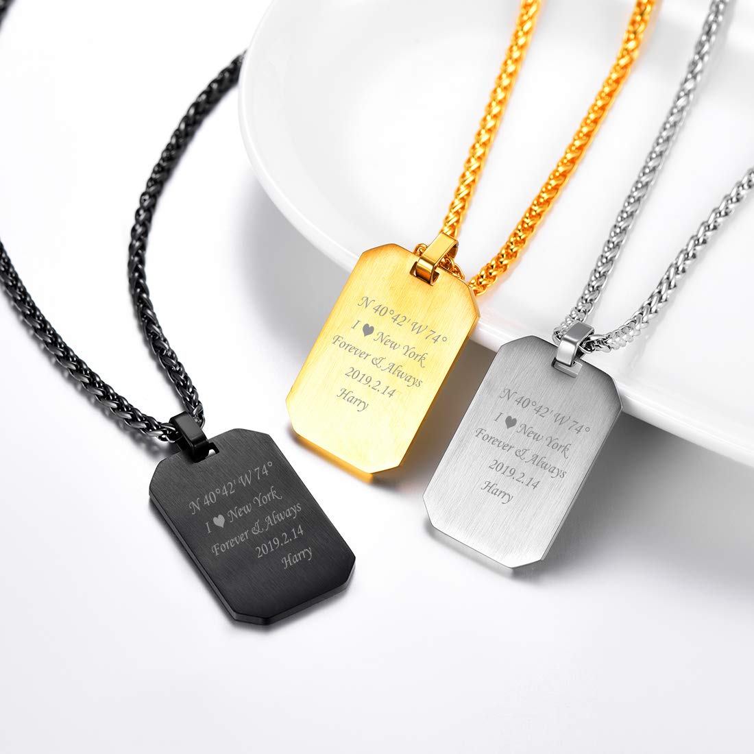 U7 Collar Personalizado Placa de Militar Hombre Acero Inoxidable 316L, Dog Tag de Identificación con Cadena Fina, Joyería con Nombres Personalizables