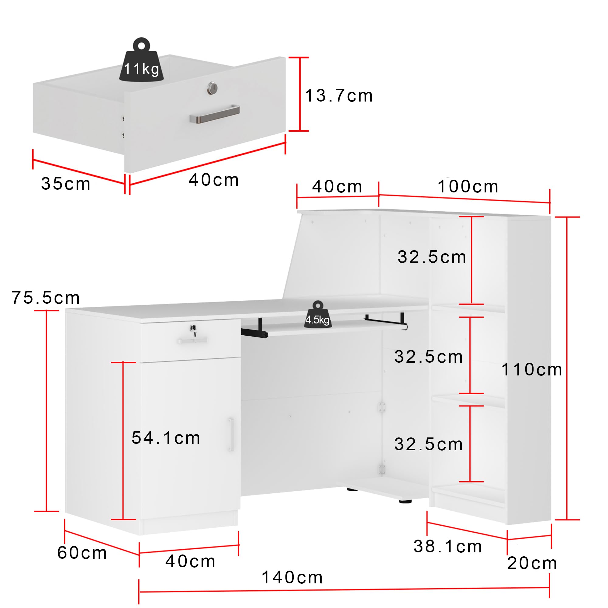 Empfangstheke, Empfangstresen, Rezeptionstisch, Rezeptionstheke mit 1 Schubladen und 1 Schrank, Empfangstheken, Rezeptionstheken mit Tastaturschublade, Bürotheke, MDF, 140 x 100 x 110 cm