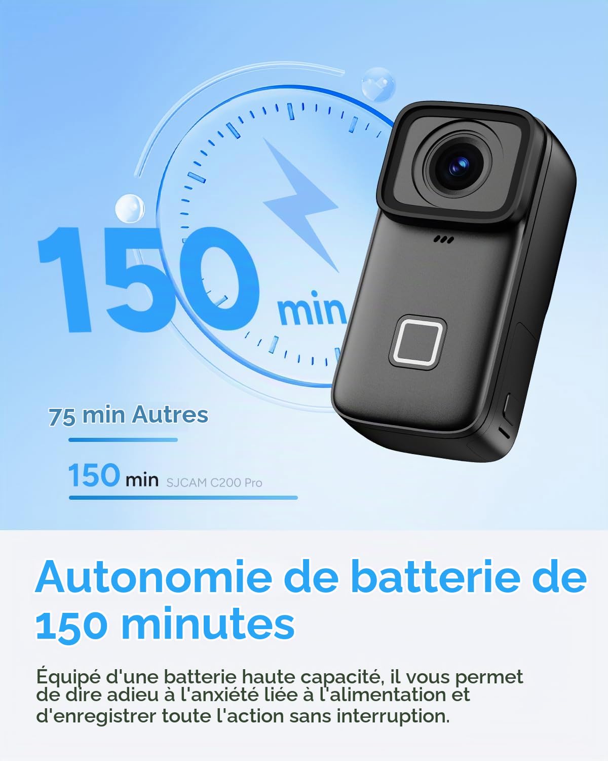 SJCAM C200 Pro Caméra d'action 4K Étanche 40m, Mini Caméra Sport Légère 88g, Grand Angle 135° Stabilisation 6 Axes, Idéale pour Vlog Moto Vélo Plongée, Kit Accessoires 64G Mémoire, Noir
