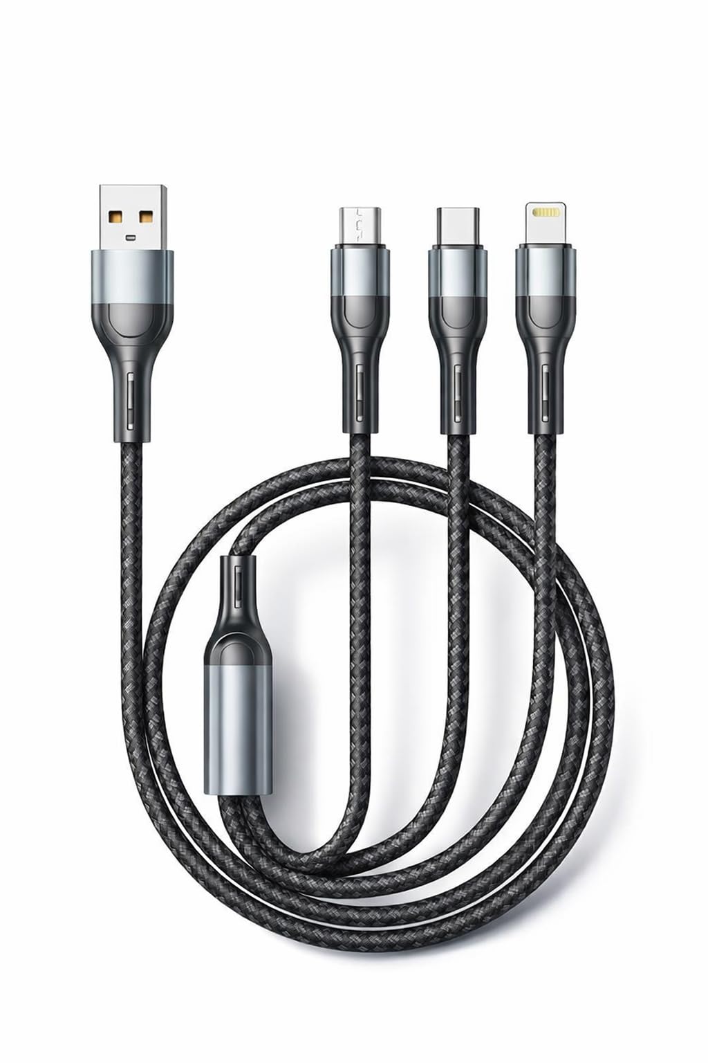 65W 3-in-1 Fast Charging Car Cable (4FT) – Type-C, Lightnlng & Micro USB, Braided Multi Charging Cable for iPhone, Android & Other Devices | Ideal for Car Charging