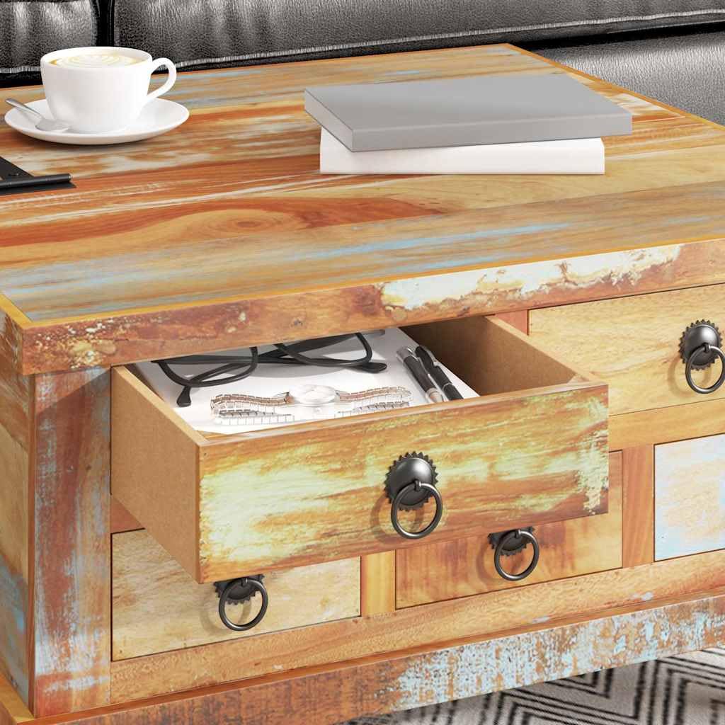 Générique Vintage przemysłowy stolik kawowy z odzyskiwanego drewna 70x70x38 cm, stolik pomocniczy z 5 szufladami i komorą wewnętrzną, ręcznie wykonany z drewna tekowego z drewna akacjowego, styl