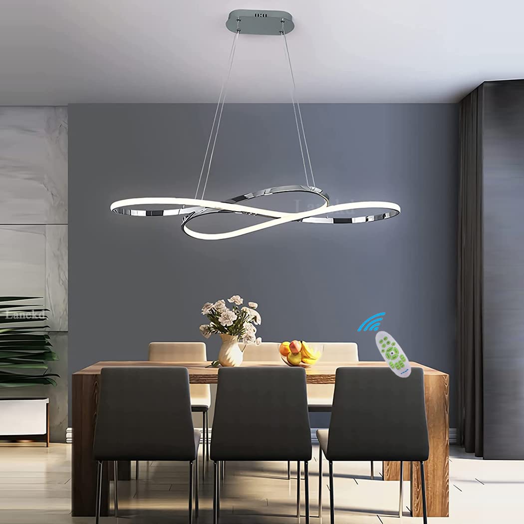 Lanekd Modern Dining Room Lights Pendant Light LED Dimmable Kitchen Island Hanging Lamp Height Adjustable Ceiling Lights for Living Room Bar Dinner Table Chandelier (Chrome)