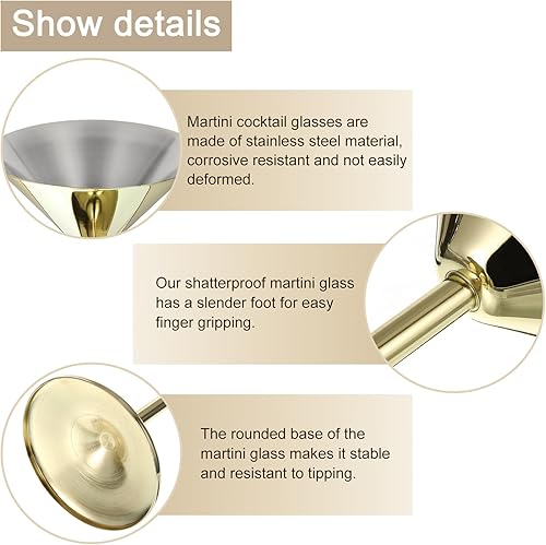 Miniatura 3 de uxcell Copas de cóctel de Martini de acero inoxidable, 2 unidades, 6.1 fl oz6 onzas, vasos de Martini irrompibles, copa de vino tinto de metal a