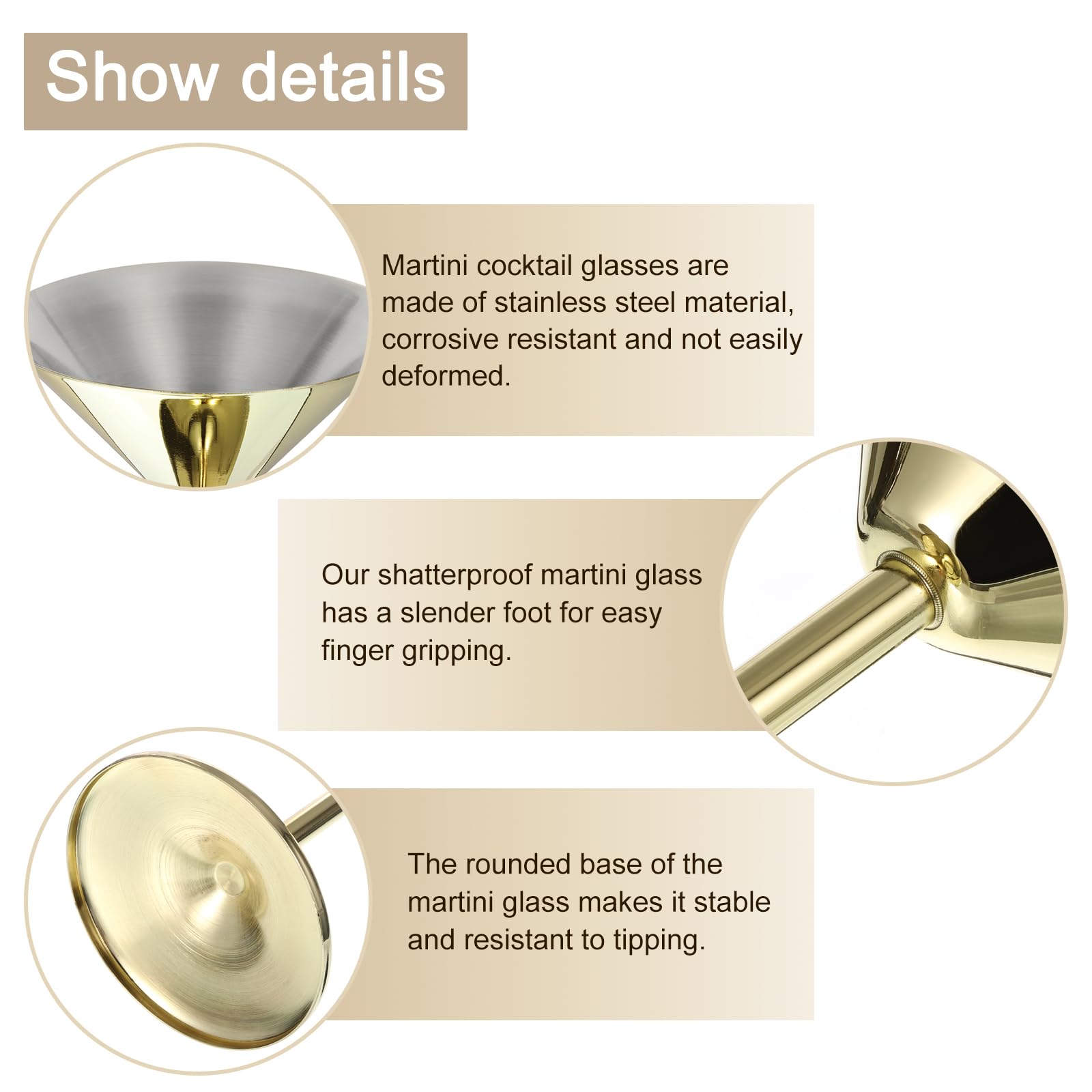 Uxcell Stainless Steel Martini Cocktail Glasses, 2Pcs 180ml/6 OZ Unbreakable Martini Glasses - Image 3