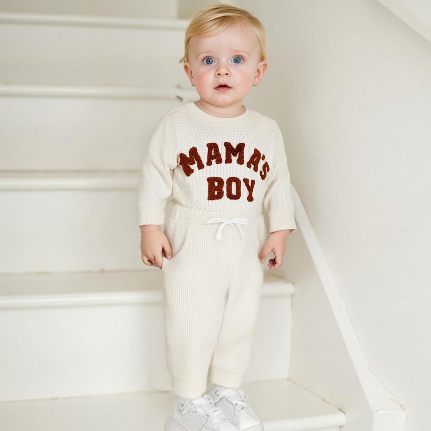 FOMOYUU Newborn Baby Boy Clothes Waffle Letter Embroider Long Sleeve Romper Pullover Tops and Pants Sets Fall Winter Outfits - Image 5