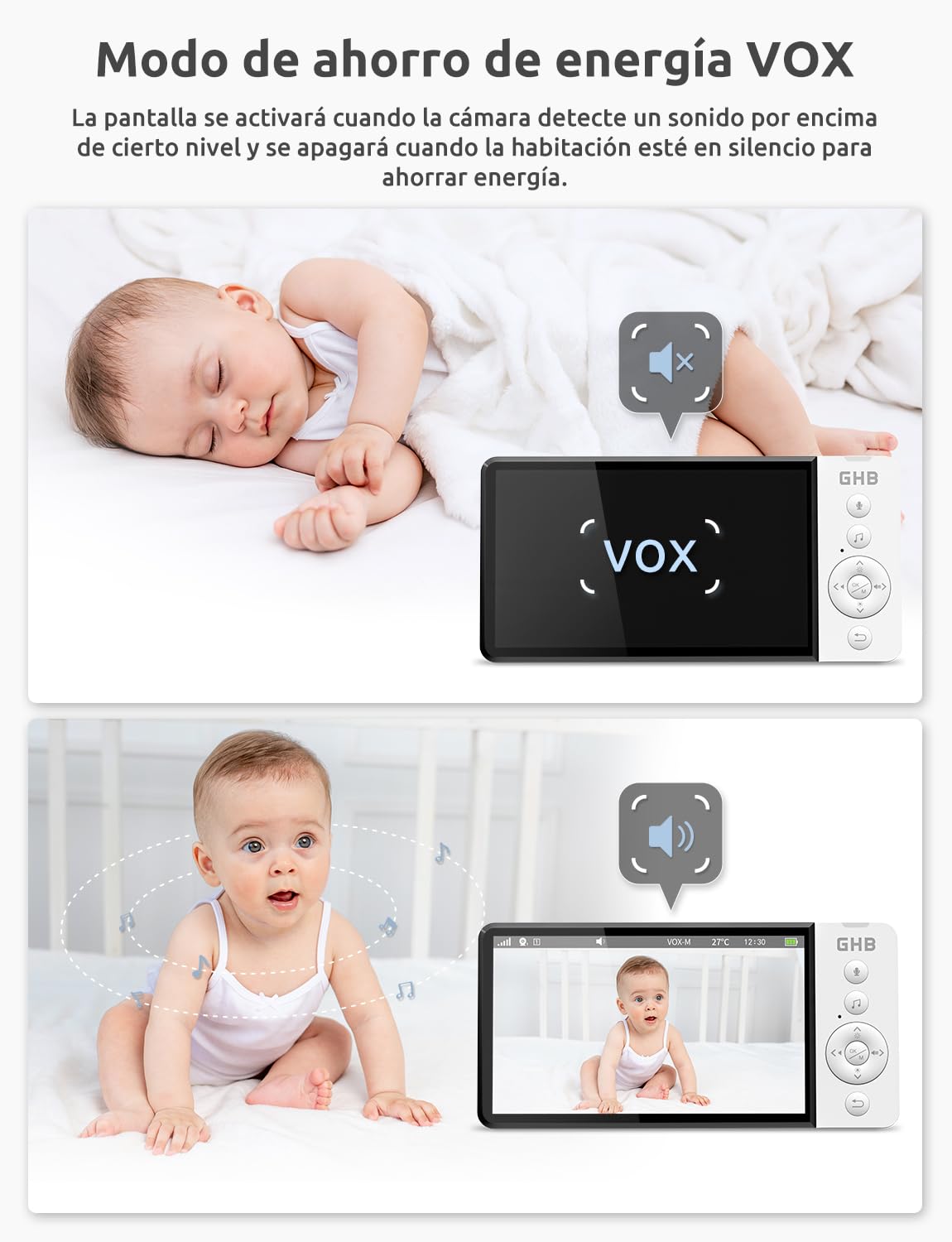 GHB Camara Vigilancia Bebe 5" 720P HD IPS Vigilabebes con Camara con Pantalla de 5000mAh, Visión Nocturna, Comunicación Bidirecciona Escucha Bebes