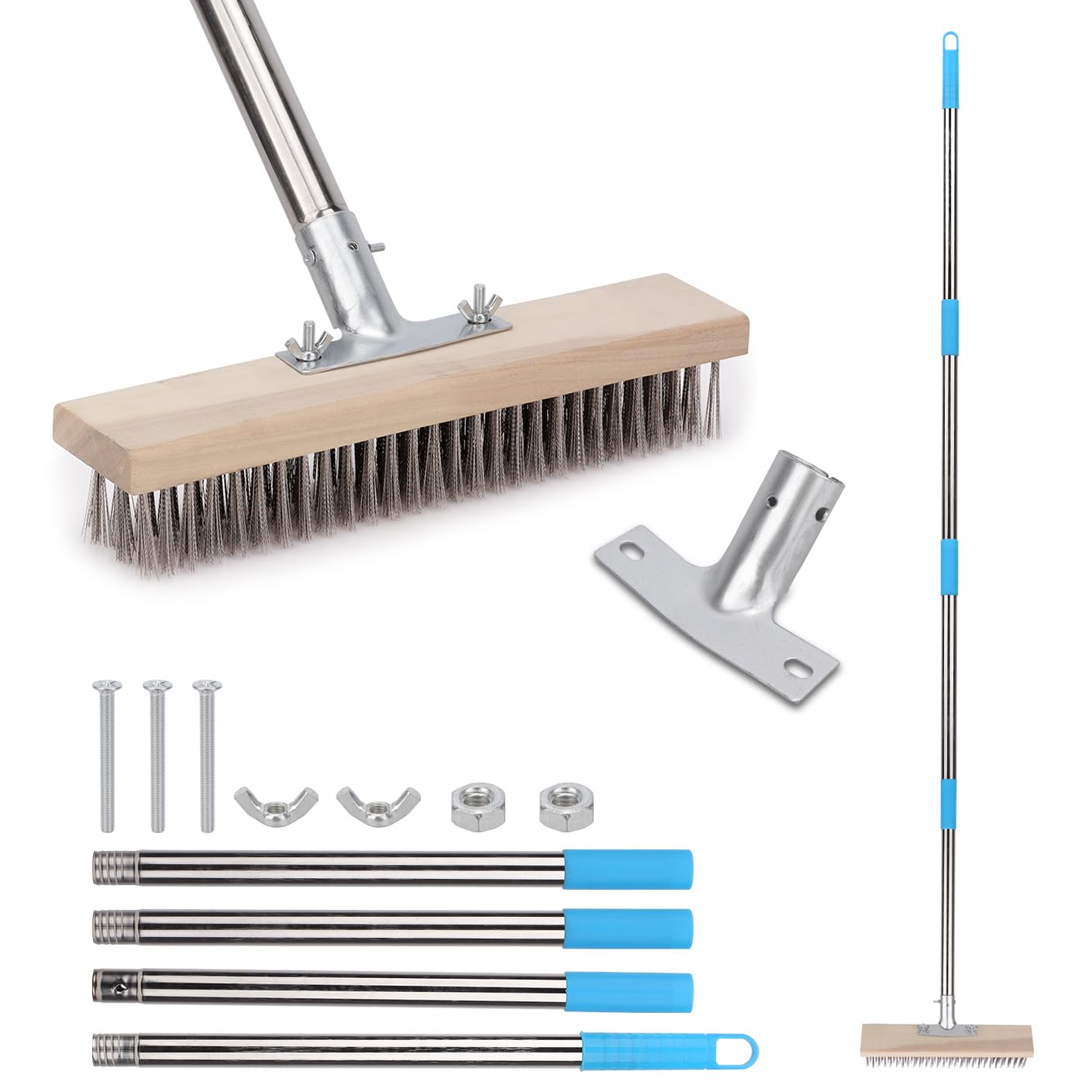 Sgizoku Spazzole da giardino da 180 cm con manico lungo, scopa in filo di acciaio inossidabile, spazzola con setole metalliche rigide, asta staccabile a 4 sezioni, spazzola per pavimenti esterni per