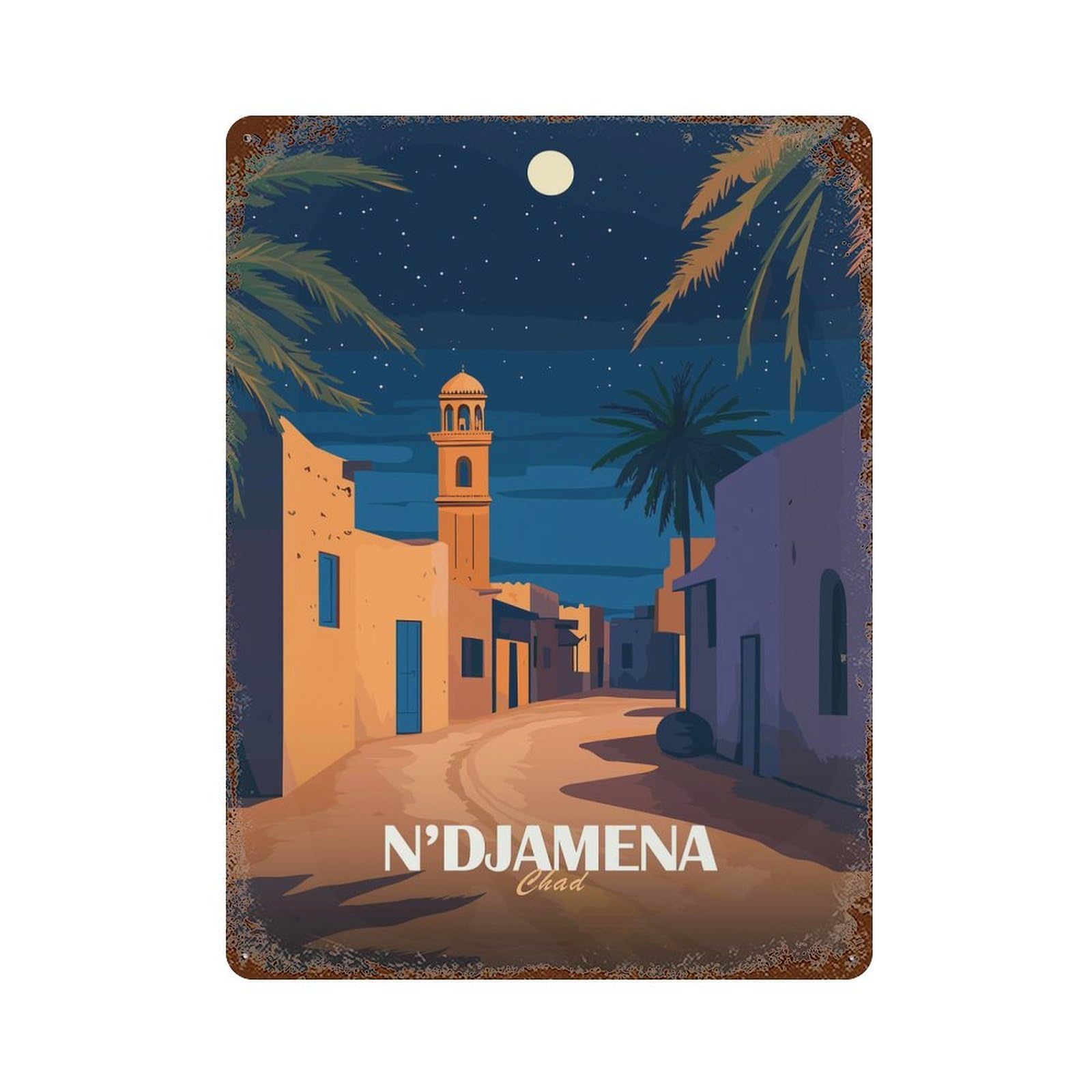 Rust Effect NDjamena Chad Nightscape Illustration Vintage Rust Metal Sign 15.7"x11.8", Rustic Home Decor for Farmhouse, Kitchen And Entryway Decor