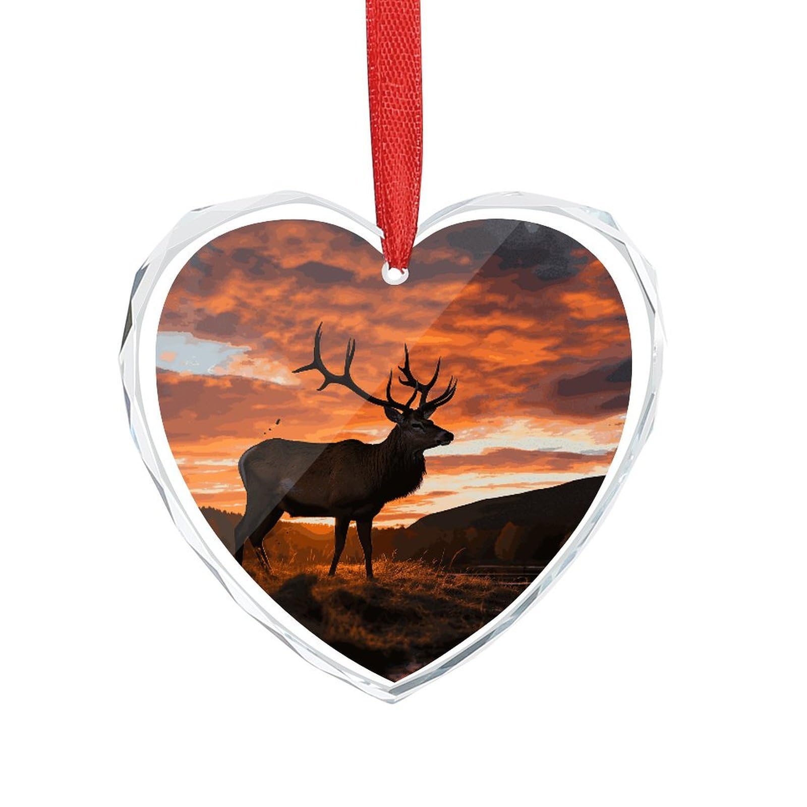 Khauerbc Women's Style Red Deer Bull Elk Sunset Glass Window Hanging For Heart-Shaped,Ornament For ,Men,Wall Art For Home,Office,Home Decor