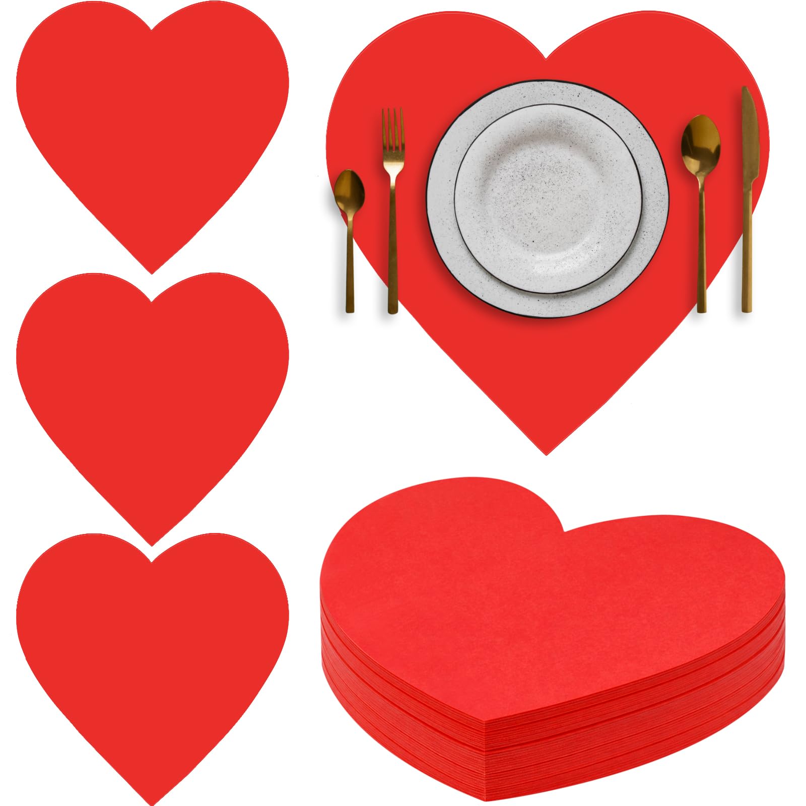 Photo 1 of **SOME CREASED OR FOLDED**Engrowtic 100 Pcs Red Heart Placemats Disposable Paper Table Decorations Indoor Red Heart Shape Placemats for Valentine Mother's Day Wedding Bridal Holiday Birthday Party Kitchen Dinner