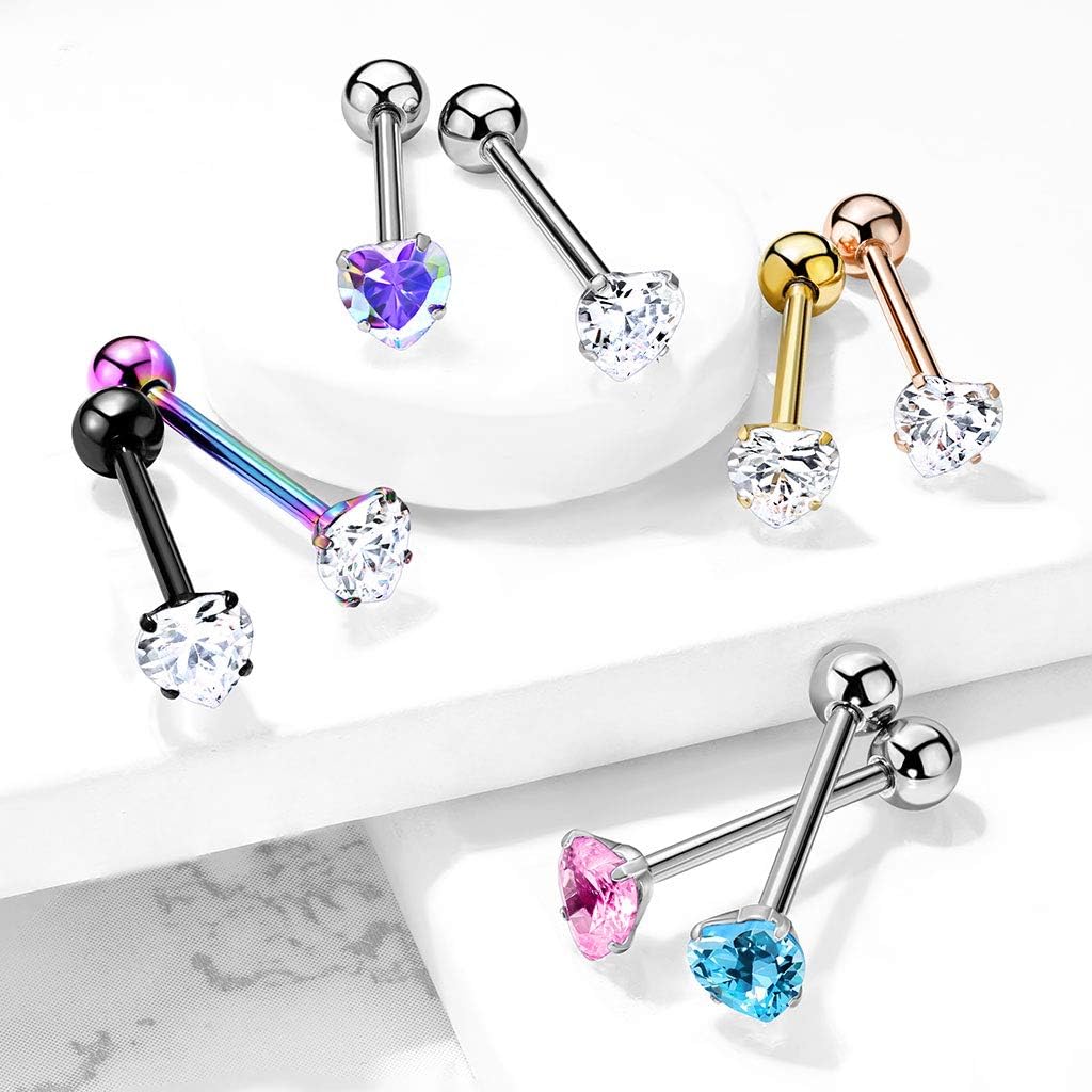 14 Gauge Prong Set Heart CZ 316L Surgical Steel Barbell Tongue Rings (Choose Color)