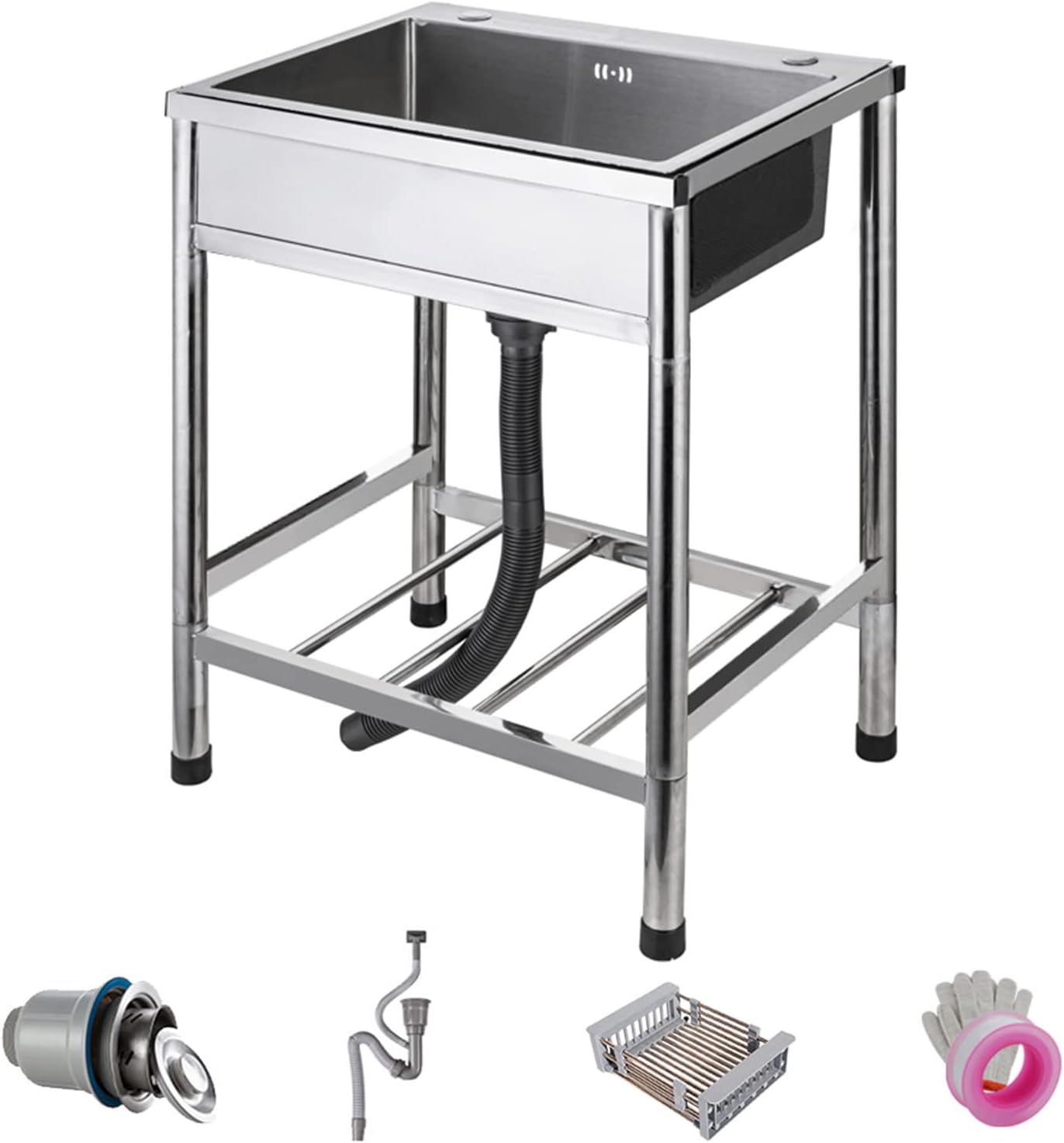 Hand Wash Basin with Stand Freestanding Stainless Steel Commercial Restaurant Kitchen Sink Set for Laundry Room Garage Kitchen Outdoor Indoor (65x45cm)