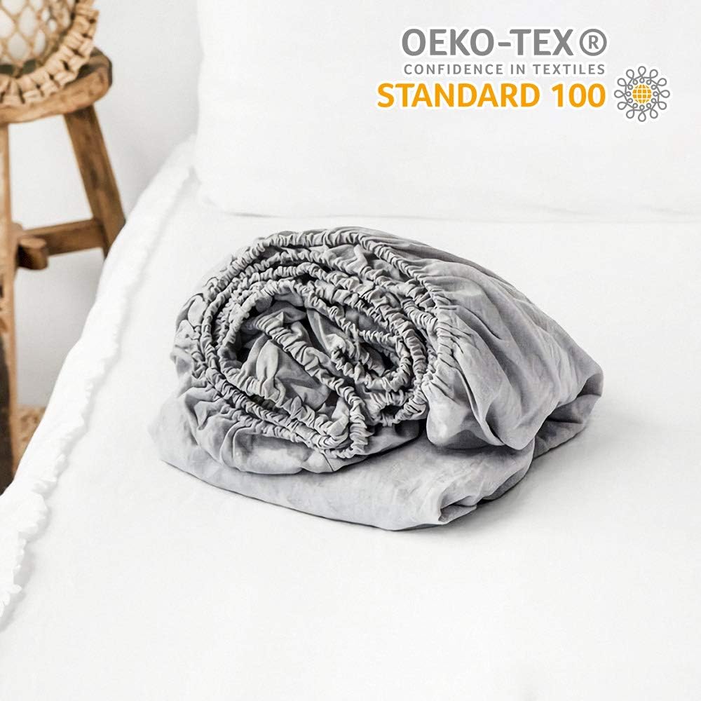 100% Linen Fitted Sheet Stone Washed Solid Color - (1 Piece) 14 inch Deep Pocket Mattress Cover Soft Natural Breathable Farmhouse - Grey, Full Size