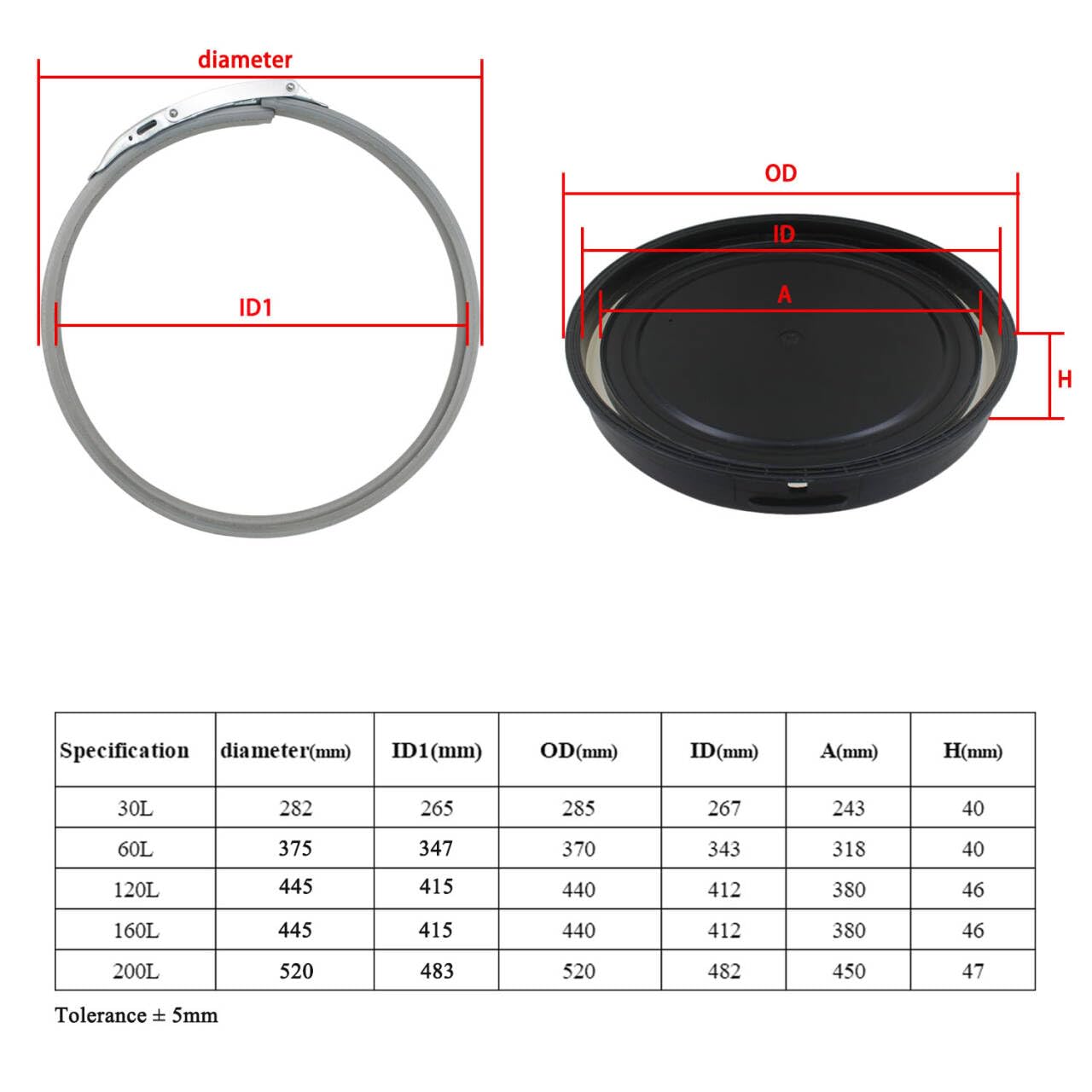 Couvercle et cerclage metallique pour bidon eau grande ouverture fut stockage fût plastique avec couvercle collier de serrage rapide (argent noir, 120L OD430 + OD440 ID412mm (cerclage + couvercle))