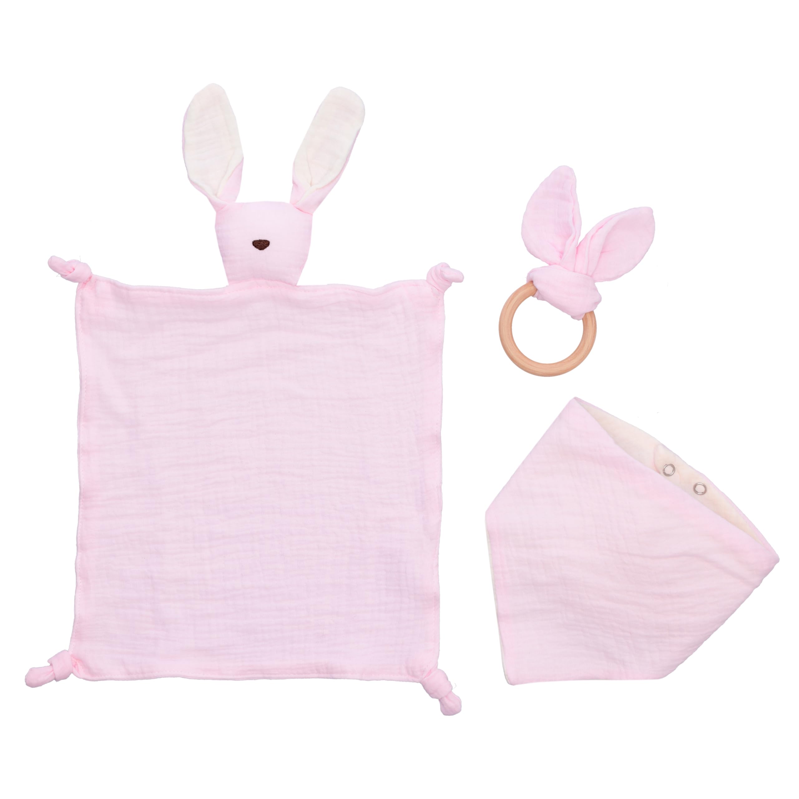Ellepi Doudou Neonato Set Regalo Nascita Bio - Set Completo con Doudou, Bavaglino e Massaggia Gengive in Cotone Biologico per Neonati 0-3 Mesi (Rosa)