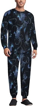 Novastar Silk Mens Pajamas Set - Comfy Fantasy Blue Bird Print Crew ...