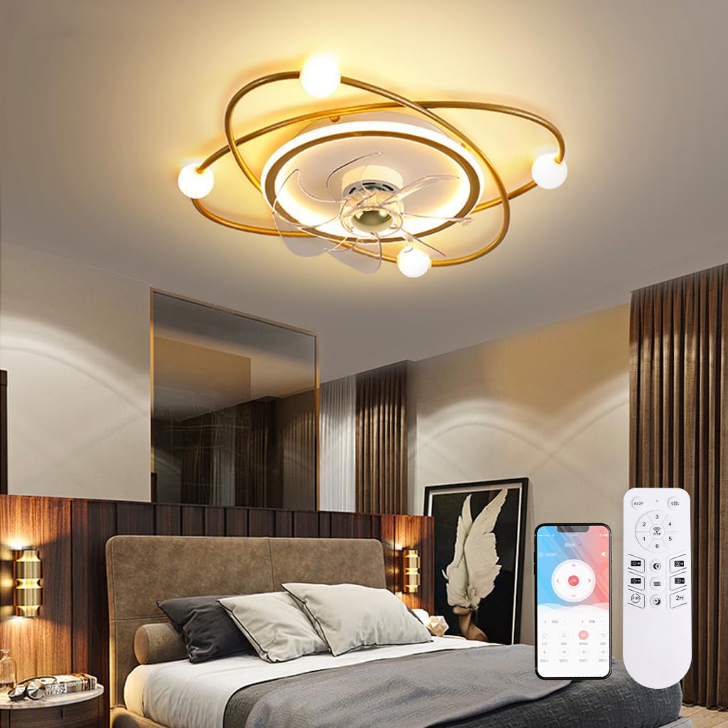 Ventiladores de techo Modernos, 55 cm Ventilador de Techo con luz, 48W Ventiladores de Techo con Luz y Mando, Estar Dormitorio Comedor Lampara Ventilador techo(Oro)