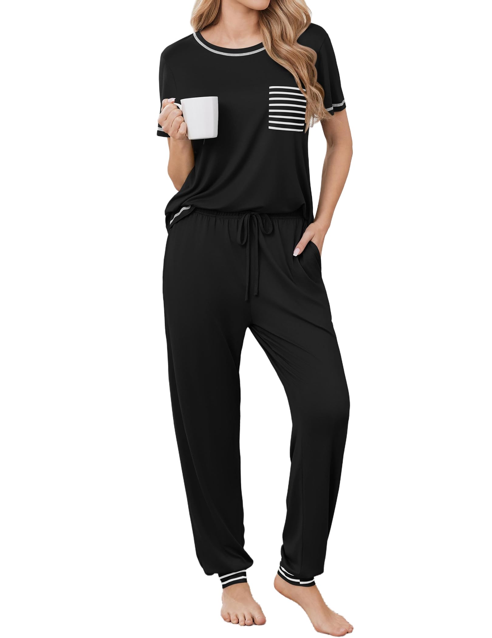 Ekouaer womens pajama sets Short Sleeve Pjs Lounge Set 2 Piece Sleepwear with Long Pants