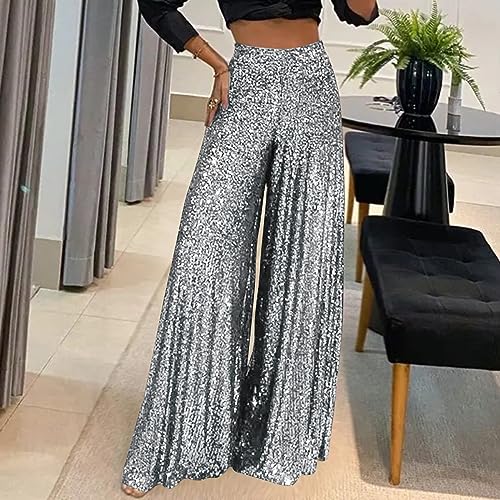 Uillui Glitter Sequin Palazzo Pants for Women Fashion Sparkle Wide Leg Flowy Pants High Waist Tummy Control Shimmer Trousers3