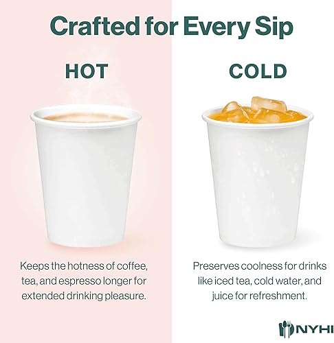 Miniatura 3 de NYHI Vasos de papel desechables de 10 onzas – para bebidas frías y calientes, expreso, té, jugo, agua y más – Superficie lisa para escribir, ideal