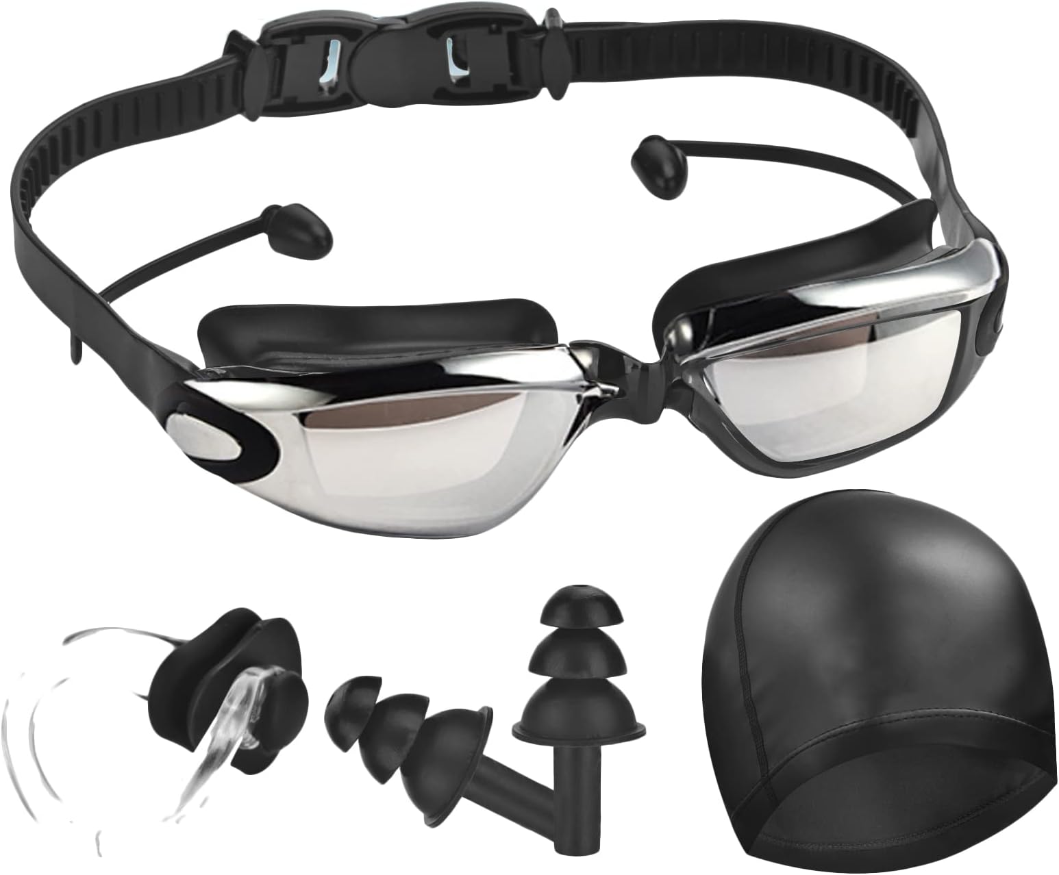 QHYKSwimming Goggles, Anti Fog UV Protected Swim Goggles with Silicone Swim Cap Bundle+Nose Clip+Ear Plugs+Case, Easy Adjust Head Strap, Fits Men Women Juvenile