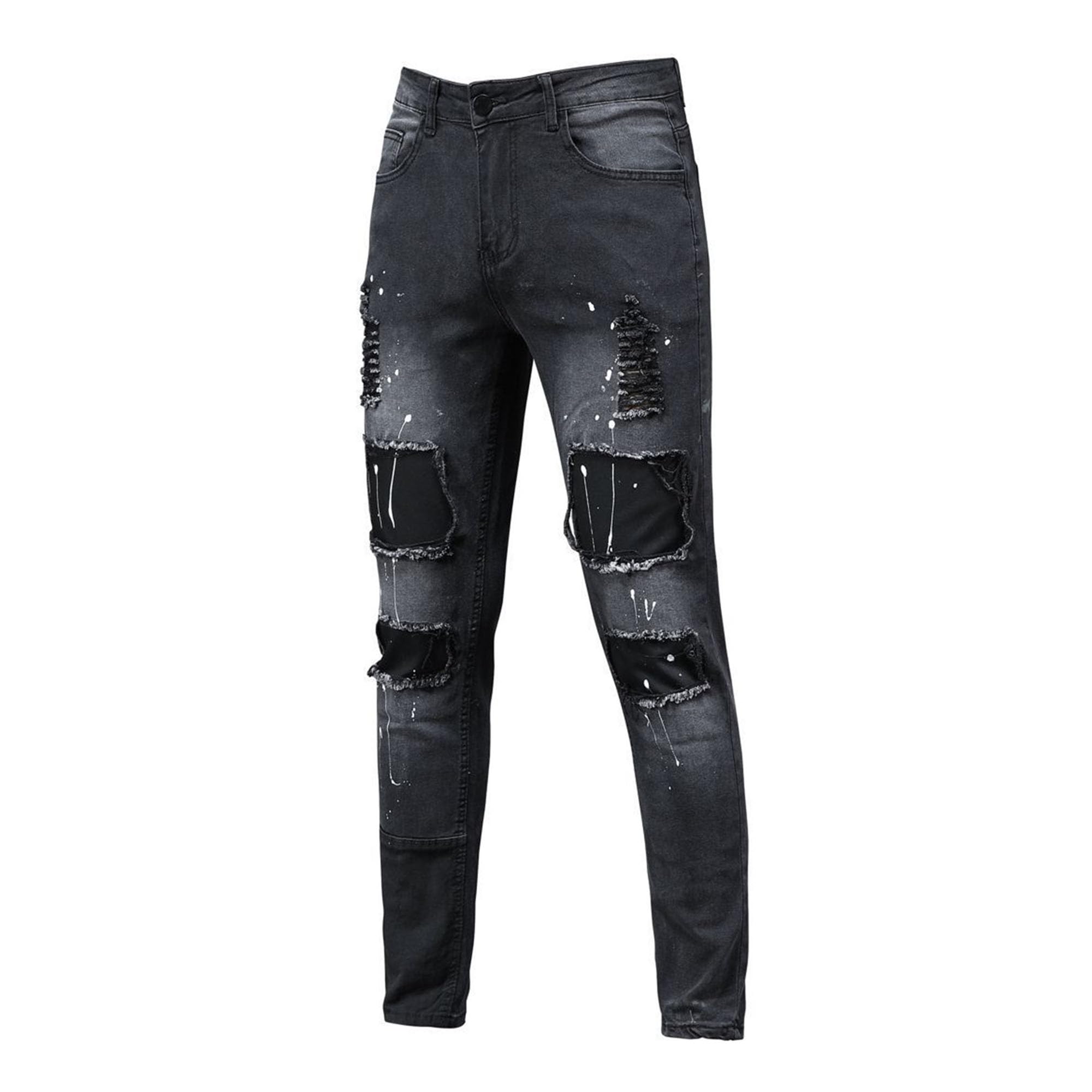 Men's Slim-Fit Ripped Tapered Biker Jeans Stretch Destroyed Skinny Denim Pants Stylish Straight Leg for Men (Black,Medium)
