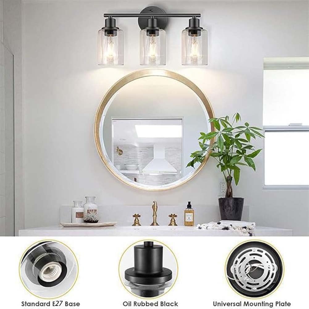 3 Flammig Wandlampe Glas Schirm Schwarz Badezimmerleuchte Retro Industriell Wandleuchte Innen Wasserdicht Spiegellampe Indoor Vintage Wandbeleuchtung E27 für Wohnzimmer Schlafzimmer