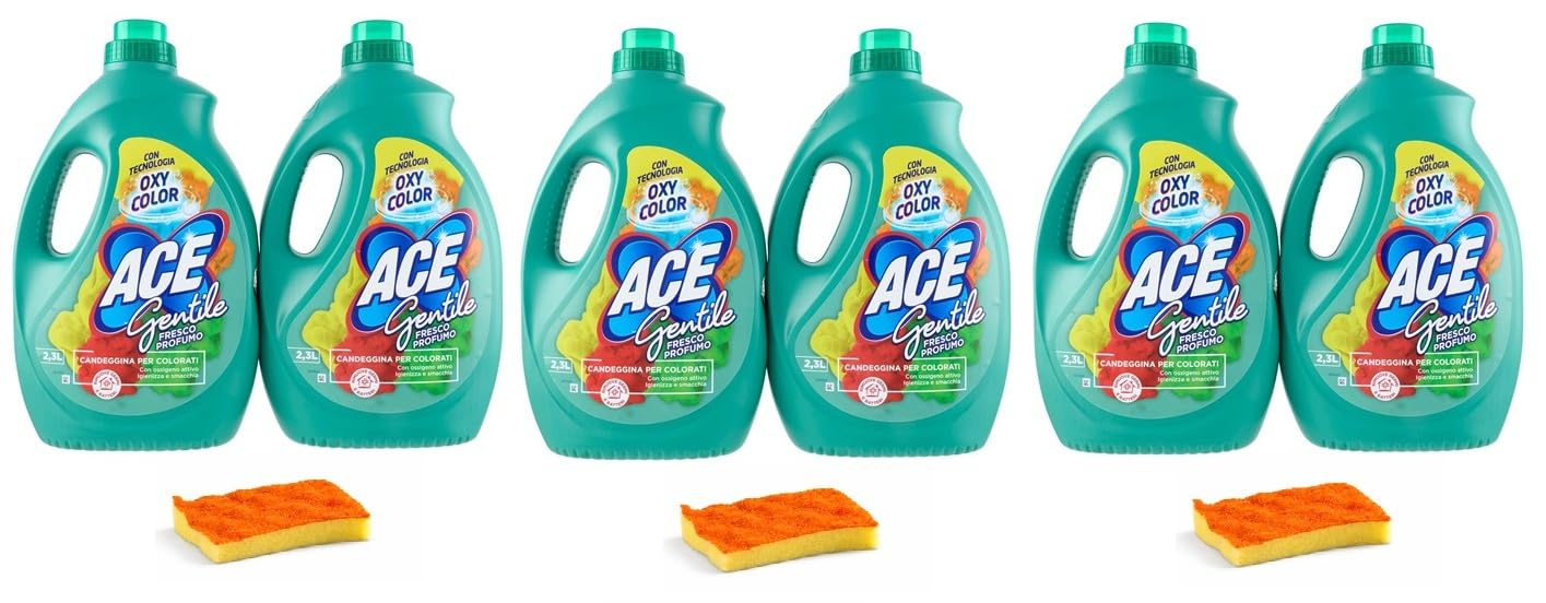 Ace Gentile FRESCO PROFUMO Candeggina Delicata per Colorati 6 x 2,3 L + Spugna Omaggio Kit Gallik – Smacchiante Igienizzante Bucato