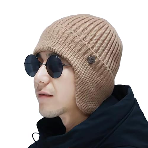 SYGA Winter Woolen Hat Men Ears Protection Beanie Knitted Hat Soft Plush Warm Cap (Above 15 Year) Coffee