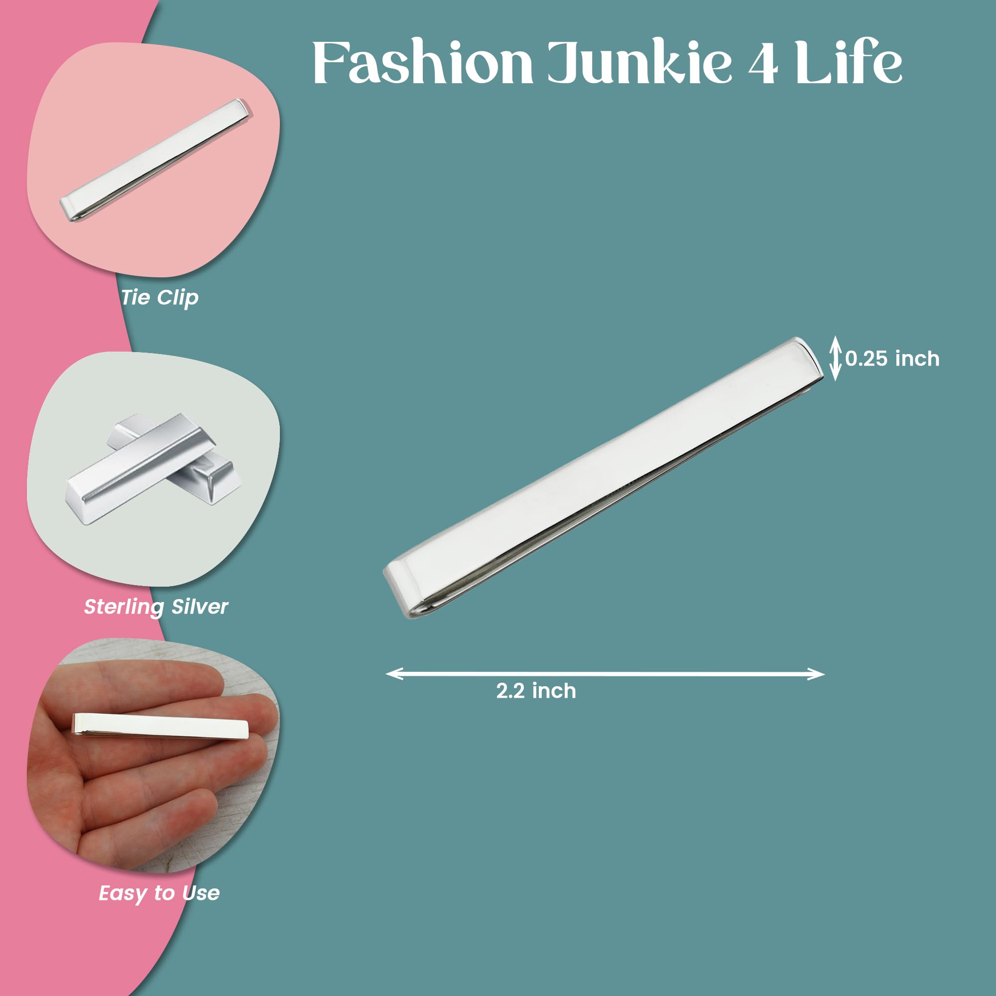 Clip de corbata de 6,5 mm x 57 mm, plata de ley, Metal