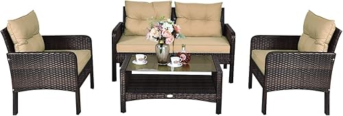 Miniatura 9 de COSTWAY Juego de muebles de patio de 4 piezas, sofá modular de mimbre con cojín, sofá biplaza, mesa de centro con vidrio templado y estante, juegos