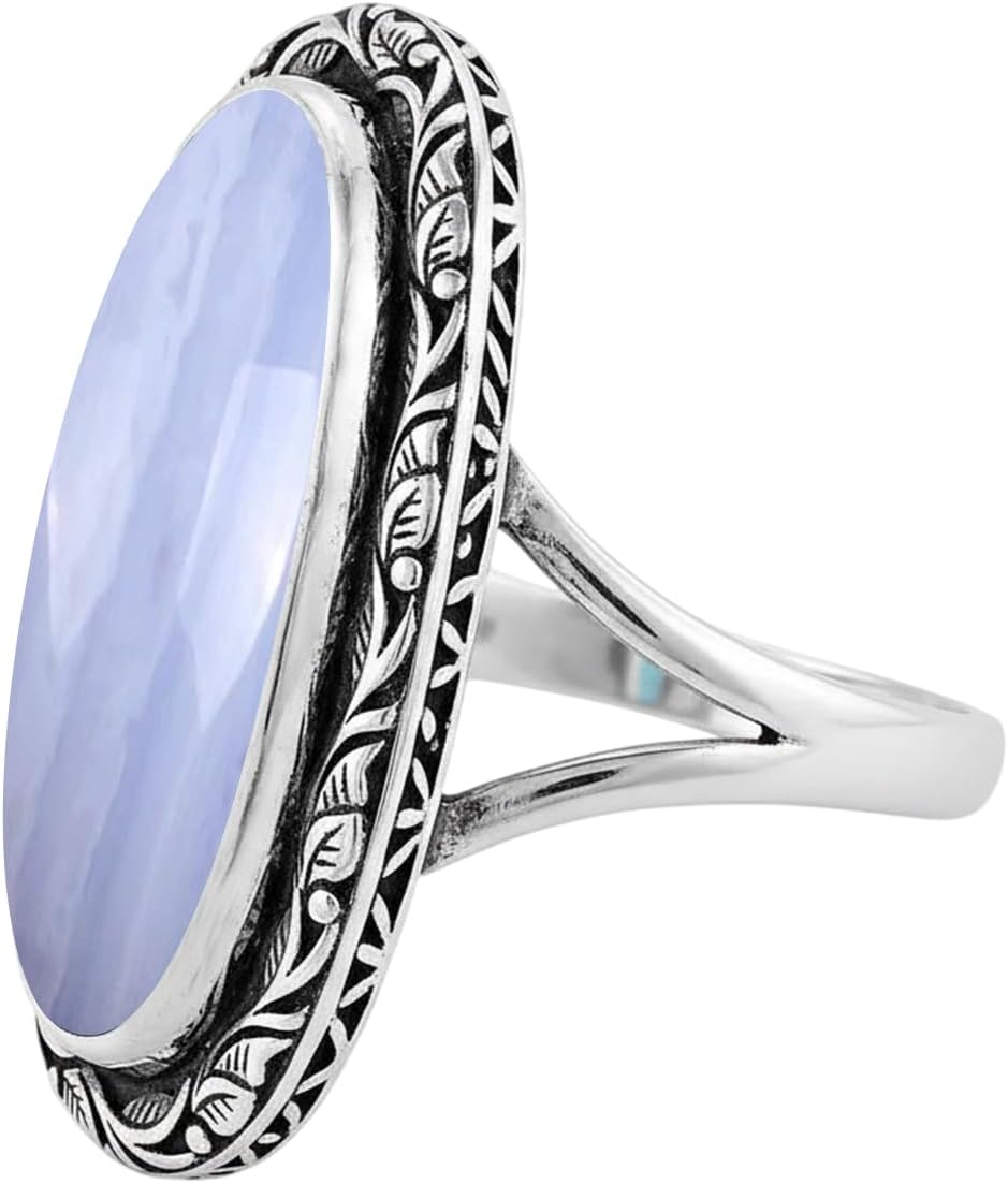 925 Sterling Silver Gemstone Ring Boho Hippie Style Engraved Oxidized Ring Vintage Silver Jewelry