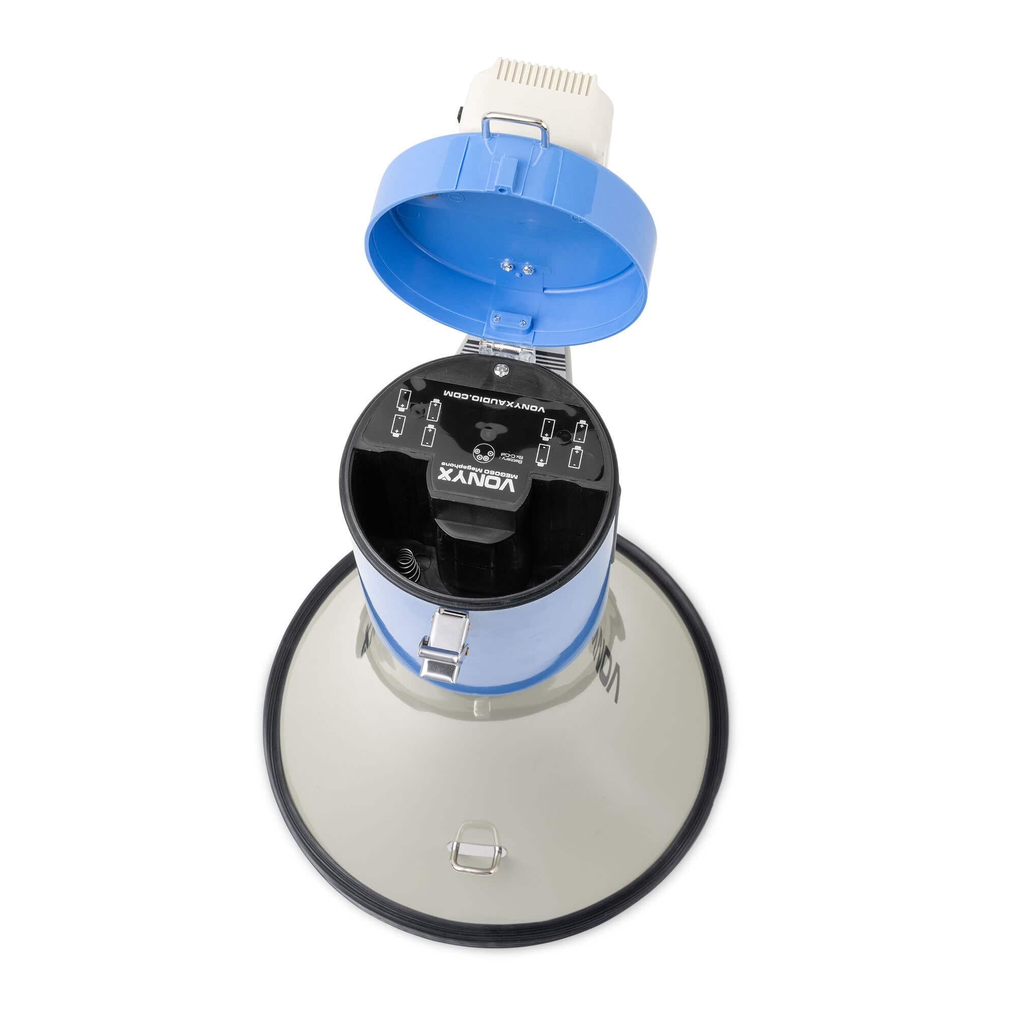 Vonyx MEG060, Megafon mit Sirene und Mikrofon, Aufnahmefunktion, 60 Watt, bis 1 KM, MP3, USB, SD, AUX, Megaphon mit Umhänge-Gurt, blau-weiß
