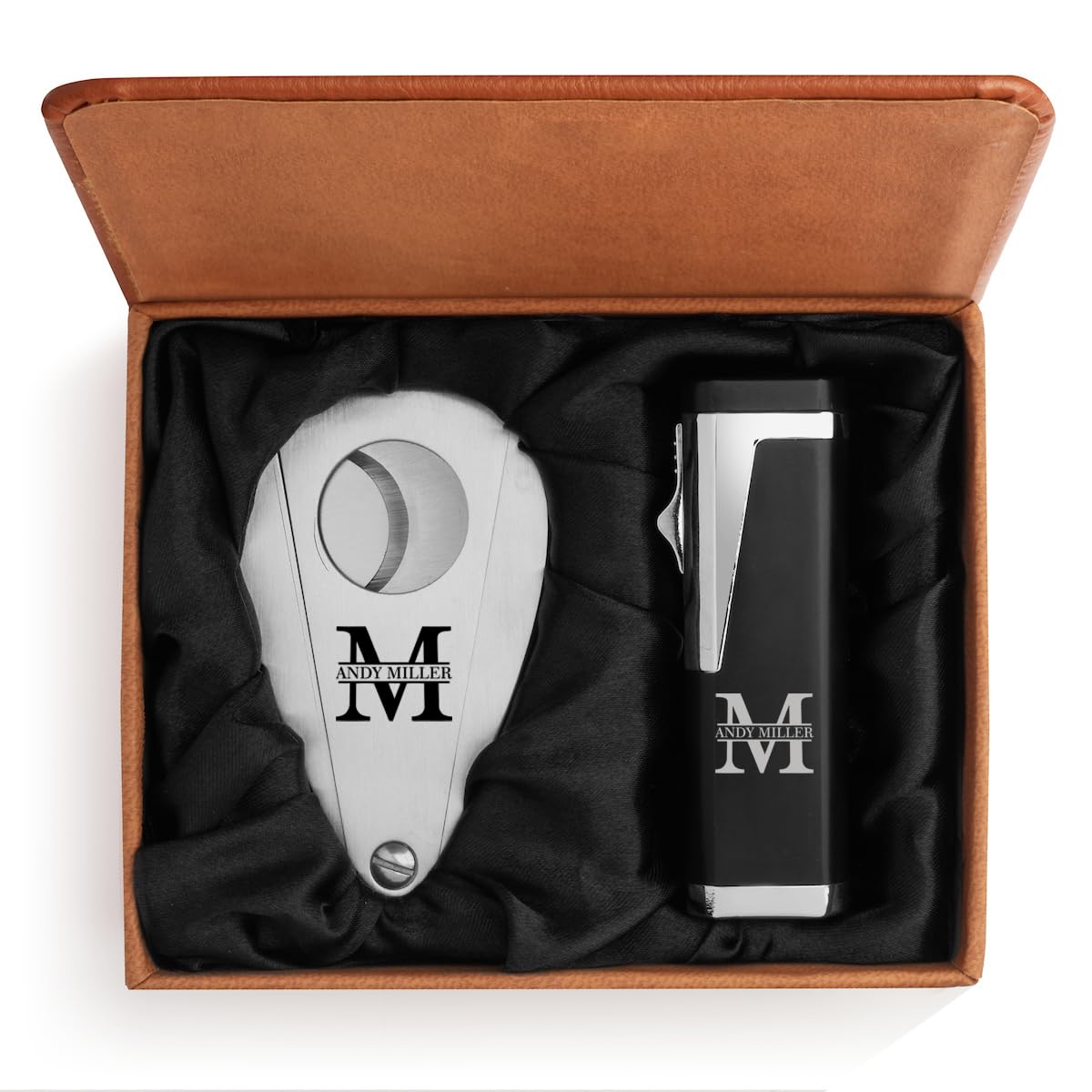 Engraved Stainless Steel Cigar Cutter Black Triple Flame Torch Lighter Leather Box Personalized Custom Block Initial Monogram Brown