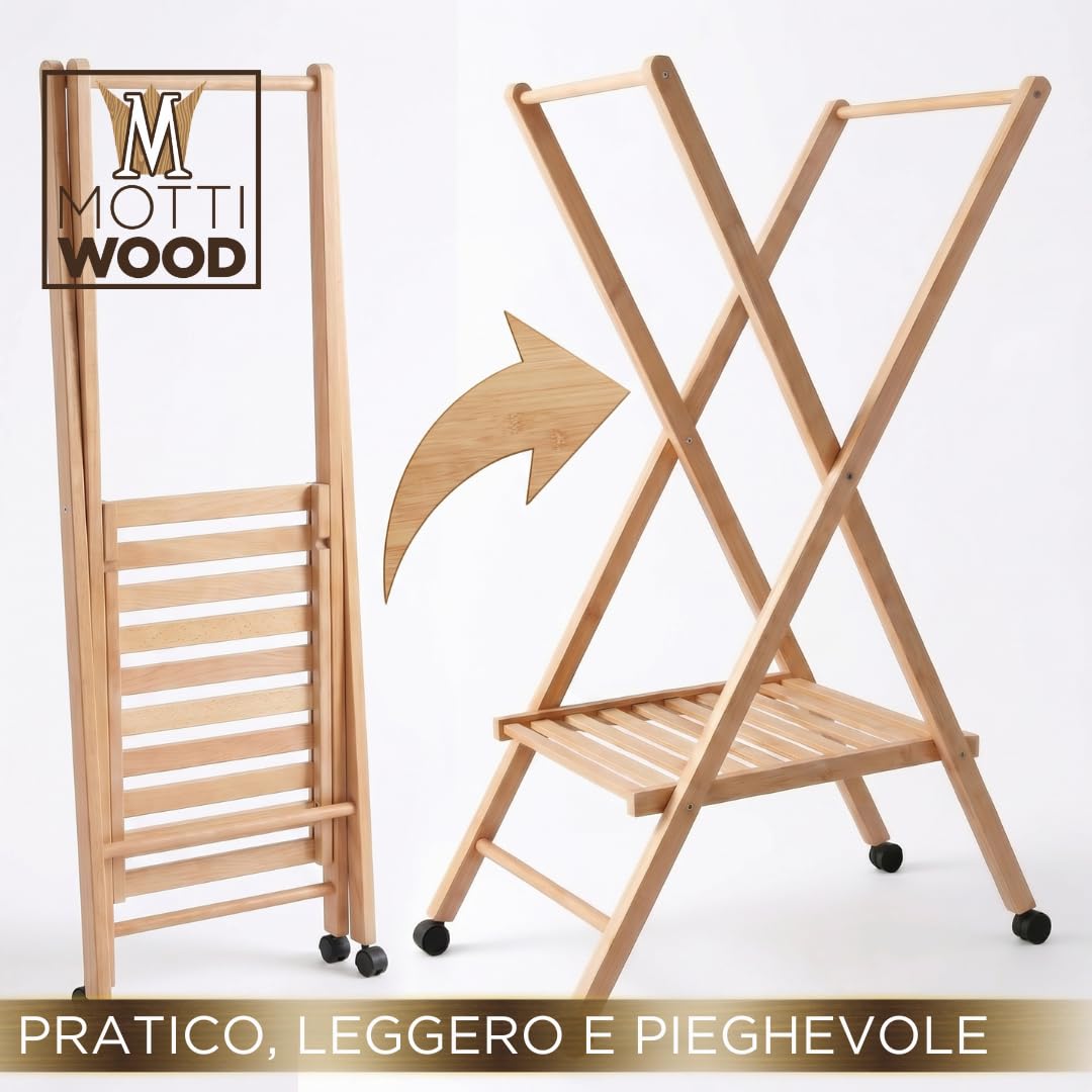 Stira & Perchero, carro perchero plegable y ahorra espacio, 100% madera de haya, ruedas multidireccionales, 62,49 x 122 cm, perchero de hombre, fabricado en Italia