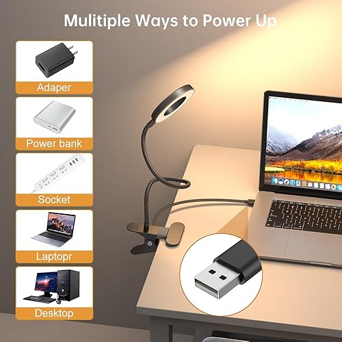 Miniatura 5 de KEXIN Lámpara de mesa con clip, 3 modos de color, 10 brillos con abrazadera para el cuidado de los ojos, lámpara de lectura regulable, lámpara de