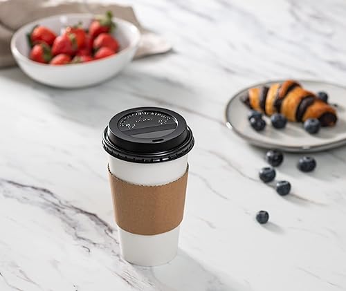 Miniatura 4 de GUSTO 16 onzas 100 juegos de tazas de café desechables con tapas y mangas Vasos calientes de papel para llevar para viajes y uso en la oficina