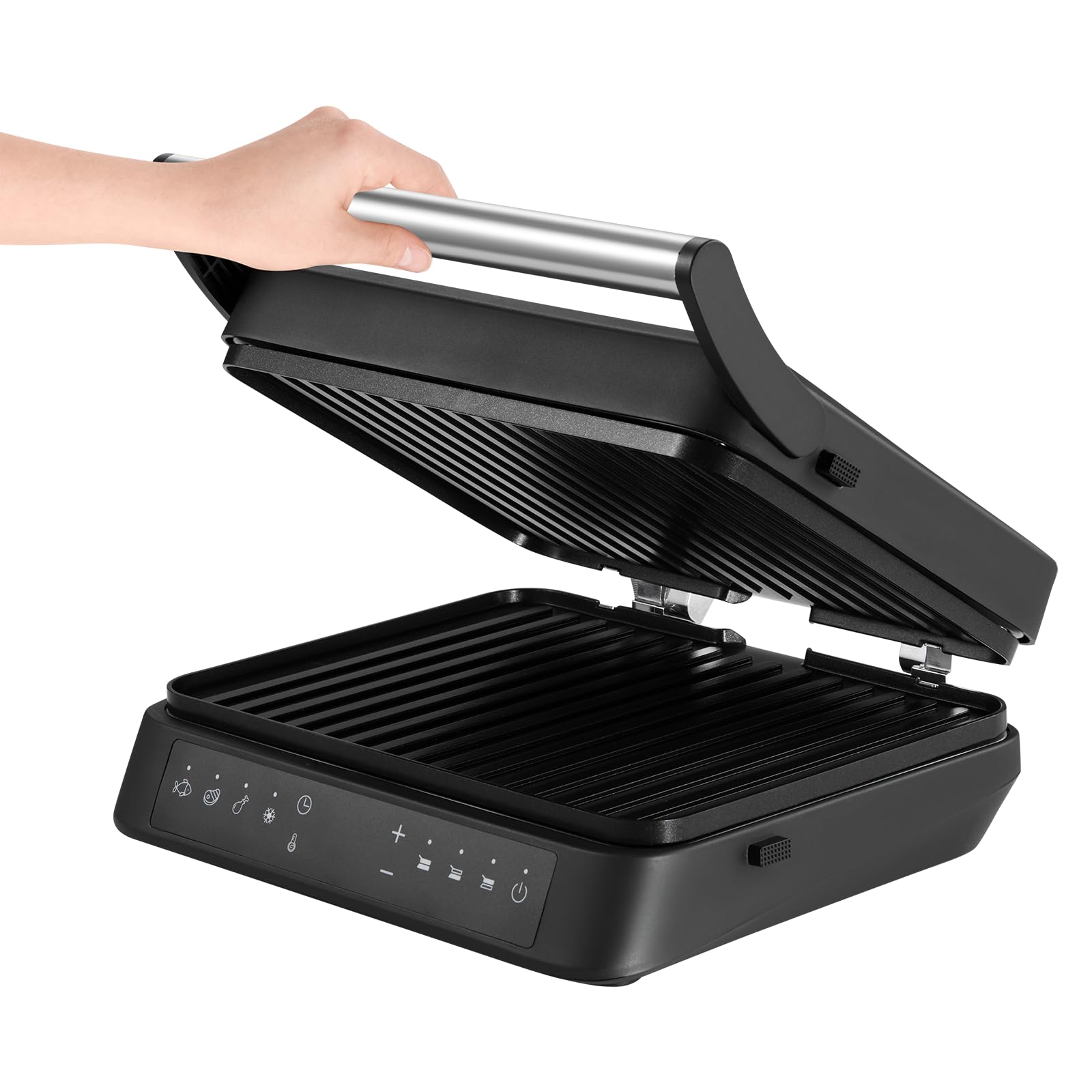 ZEEGMA Griglia Elettrica a contatto GRILL CHEF 3.0, 5 Programmi Piastre Estraibili Lavabile in Lavastoviglie Temperatura Regolabile Display, Potenza 2000 W, Riscaldamento Piastre Indipendente