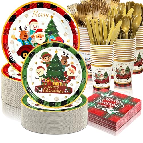 700 PCS Christmas Paper Plates and Napkins Sets, Christmas Tableware Set Includes Disposable Dessert Plates Cups Gold Knives Forks Spoons Disposable Dinnerware Set (100 Guest)