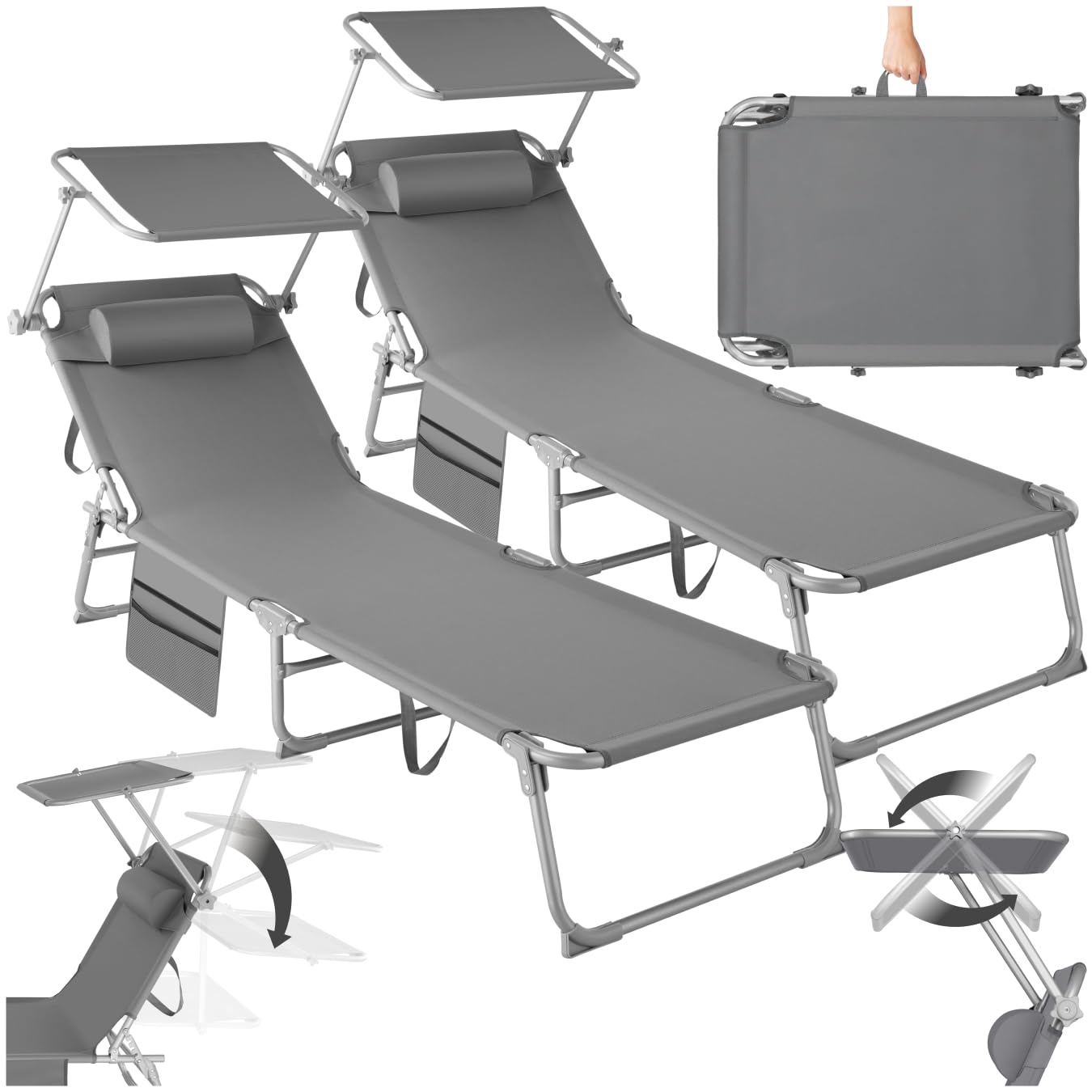 TecTake® Set de 2X Tumbonas Jardín Exterior, Tumbonas Plegables con Reposacabezas, Parasol y Bolsillo Lateral, Tumbonas Playa Reclinables 4 Posiciones, Tumbona Piscina Resistente a Intemperie - Gris