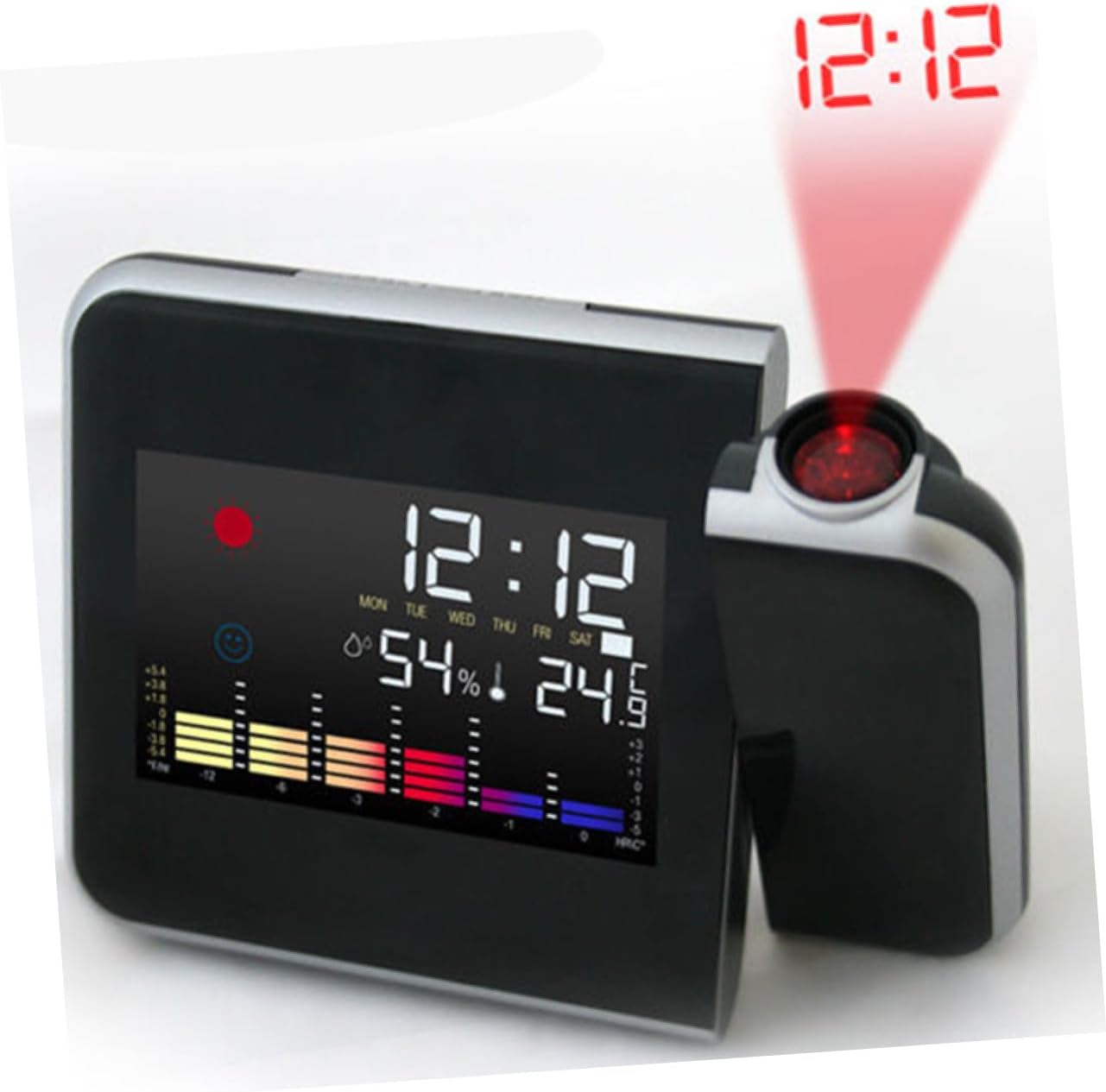 Battery Powered Projection Alarm Clock with Rotating Display Snooze Function LED Backlight Temperature and Humidity Monitor Date Display Black Hard Plastic for Bedroom Use