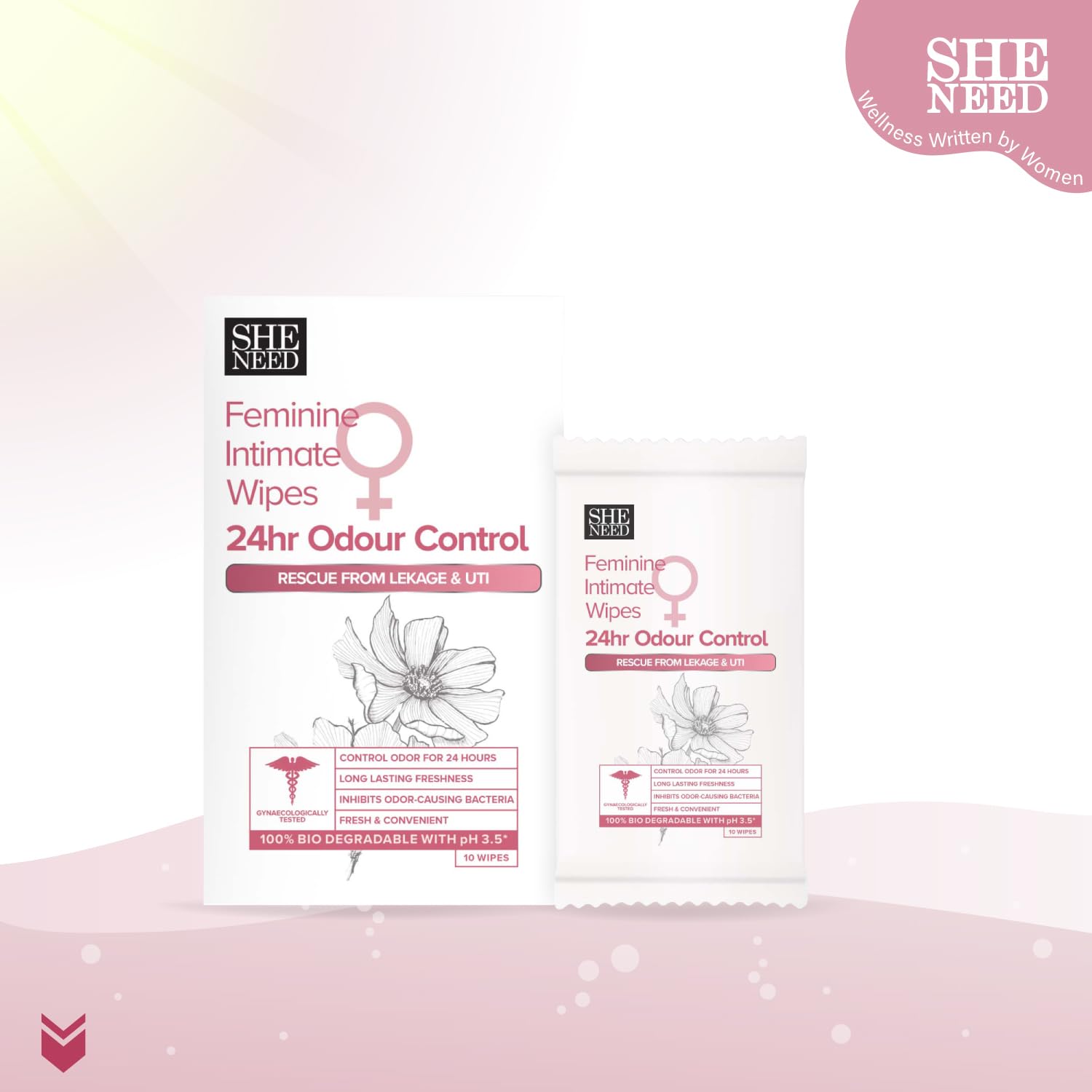 SheNeed Intimate 24hr Odour control wipes 10N Bonus Pack Included
