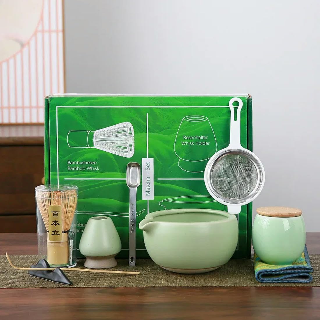 9 szt. japońskie ceramiczne pudełko upominkowe Matcha zielony uchwyt na herbatę stojak miska trzepaczka młynek szczotki uchwyt na narzędzia do herbaty herbata