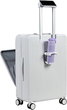 24" Aluminium Frame Hardside Spinner Wheel, Cup Holder, USB Port Phone Holder, Built-In TSA lock Luggage for Travel, White, Small