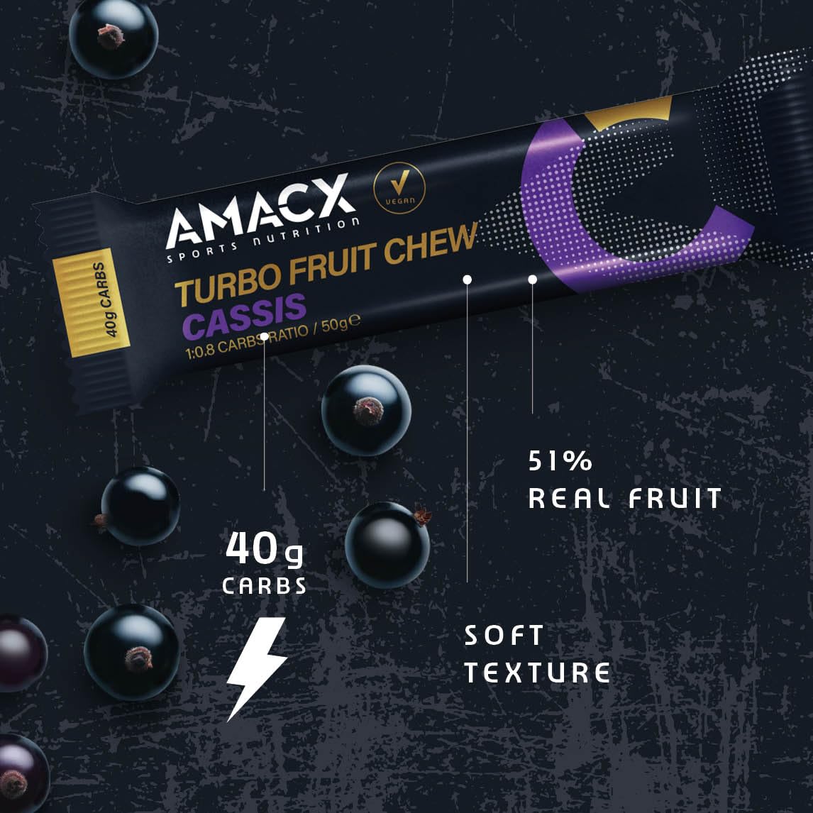 AMACX Turbo Fruit Chew Bar – Con Carboidrati e Elettroliti – 51% Frutta Vera – Barrette Fitness Vegane senza Glutine – Confezione da 12 – Barrette Energetiche Ciclismo e Corsa – Cassis