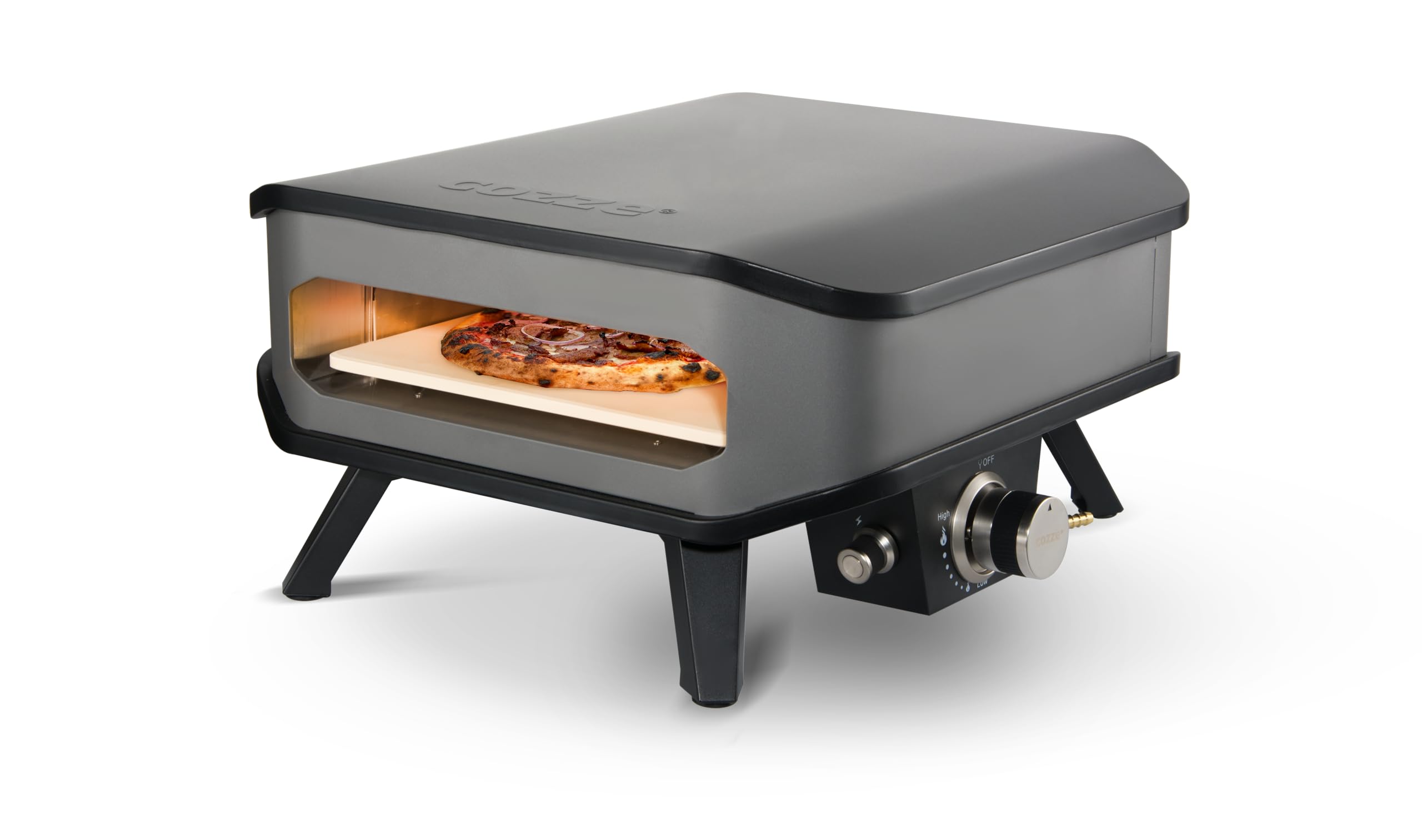 cozze® Gas Pizza Ofen | mobiler Pizzaofen | Pizzastein Gasgrill bis 400°Grad regelbar | mit 34x34 cm Pizzastein | Tragbar für Terrasse und Balkon | Schwarz, Test "SEHR GUT"
