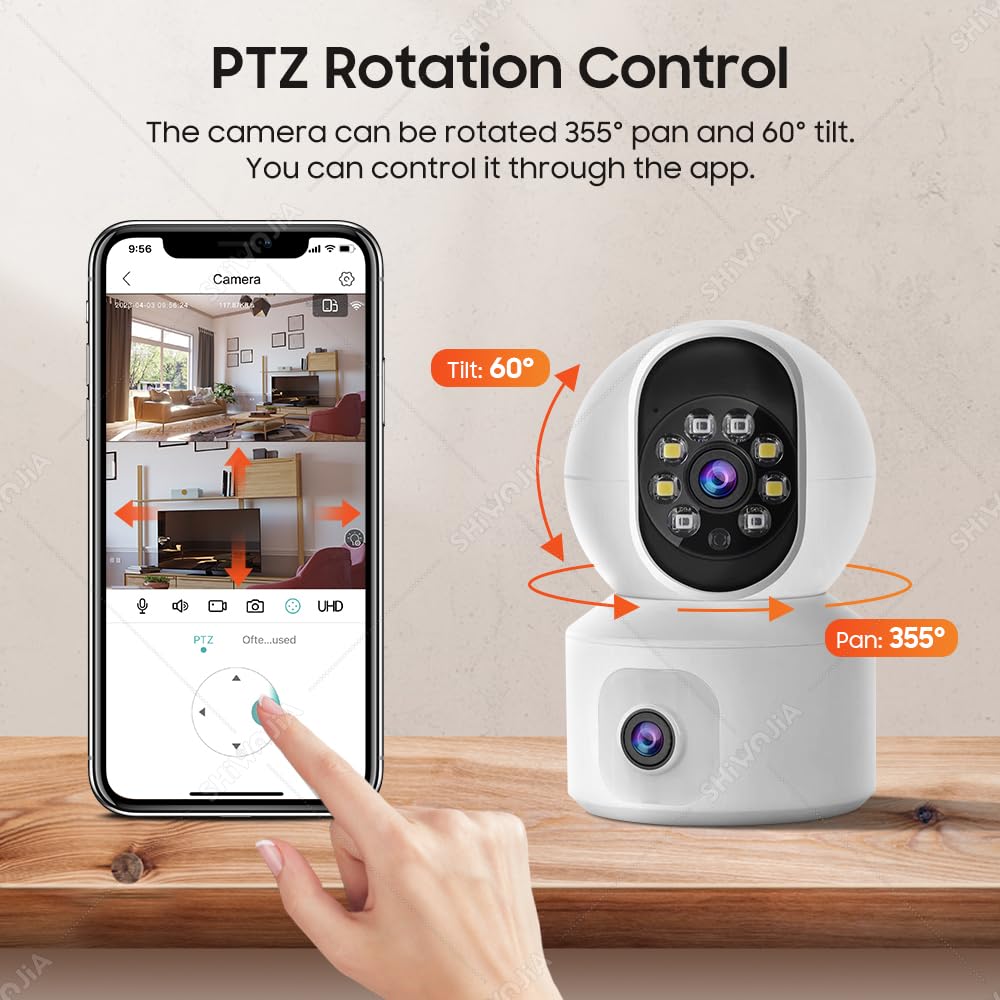 SHIWOJIA 2K 4MP Caméra Surveillance WiFi Intérieure, PTZ 360° Caméra avec Double Objectif, Vision Nocturne Intelligente, Détection de Personne et Suivi Auto, Audio Bidirectionnel