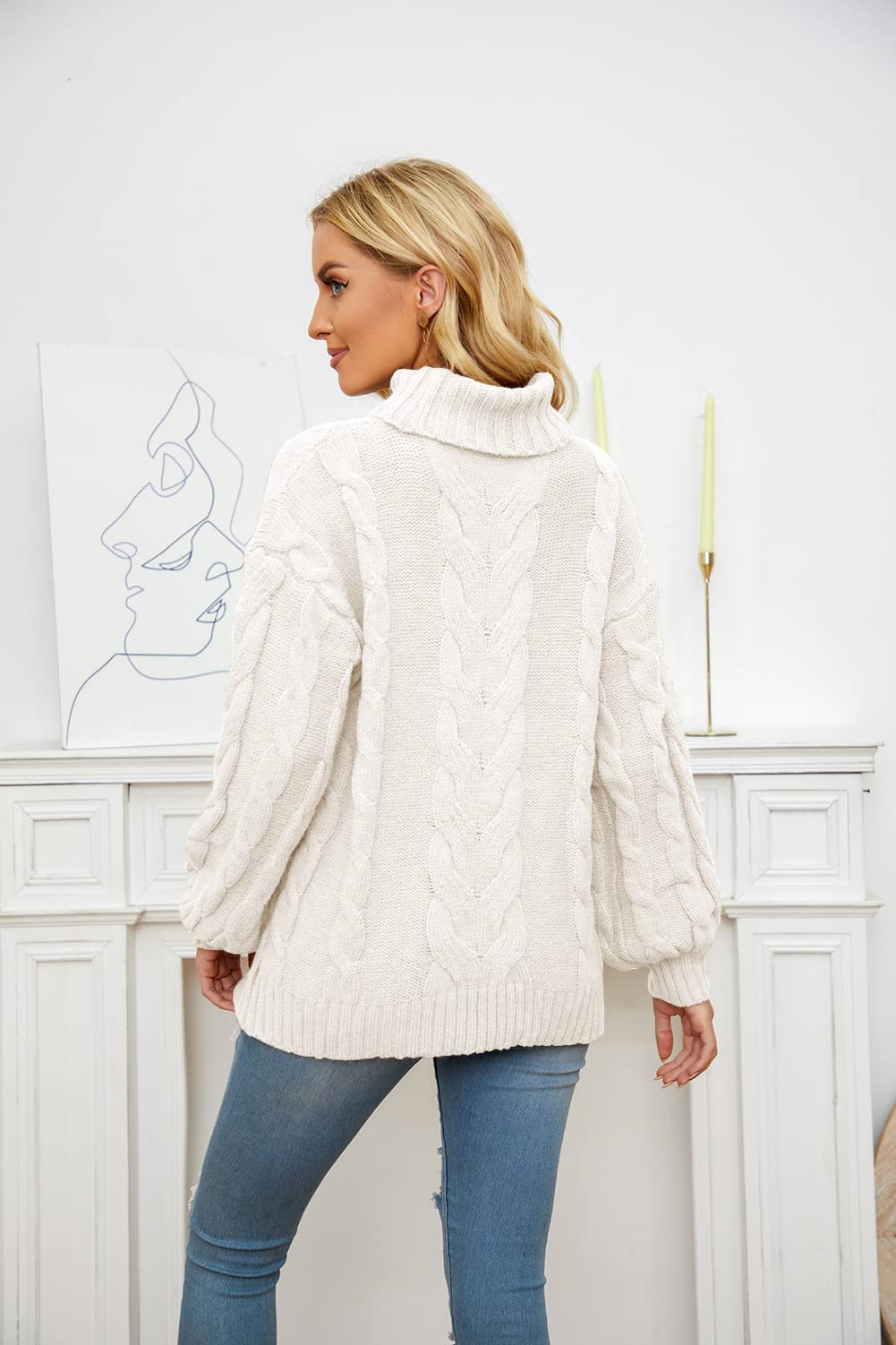Basicspace Damen Winter Herbst Solider Rollkragenpullover Stehkragen Lässiger Lockerer Ballon Langarm Strickpullover Zopfmuster Pullover Oberbekleidung