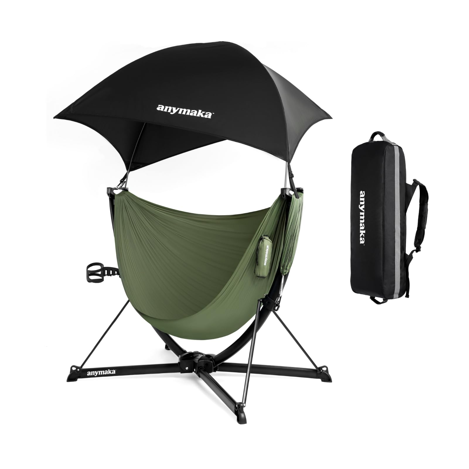 anymaka Set Up in 3 Seconds Swing Chair with Stand，Outdoor Indoor Adjustable Portable Aluminum Alloy Hammock Chair (Swing Chair Full Pack Forest Green)